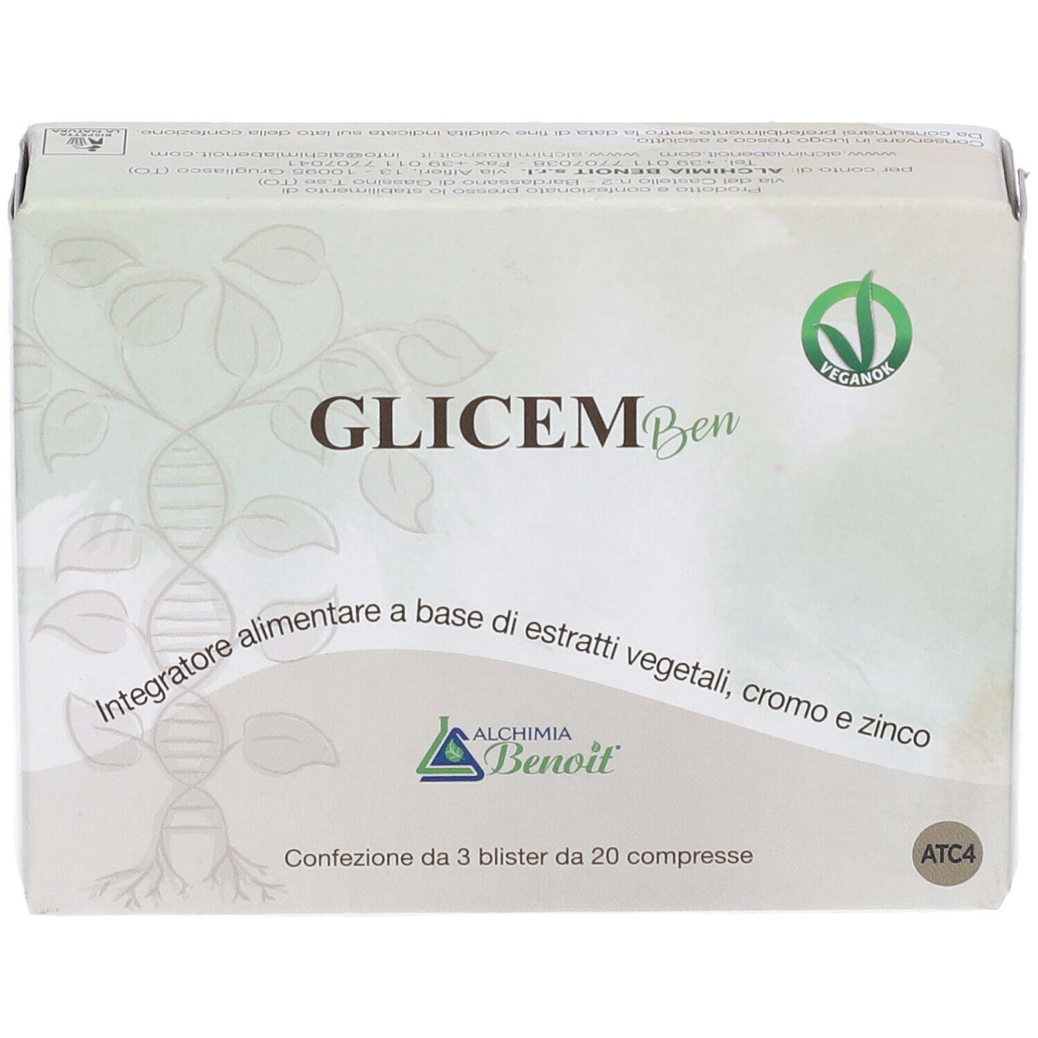Scatola Glicem Ben, logo vegan e informazioni sul prodotto. Contiene 3 blister da 20 compresse.