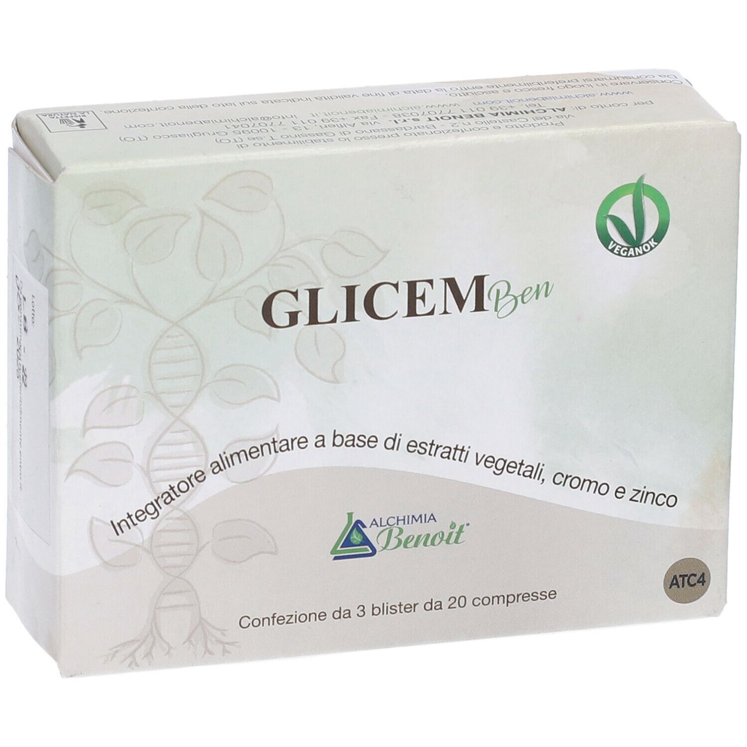 Scatola Glicem Ben, logo vegan e informazioni sul prodotto. Contiene 3 blister da 20 compresse.