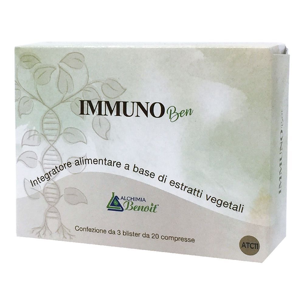 Scatola "IMMUNO Ben". Estratti vegetali. Marca: Alchemia Benoit. 3 blister da 20 compresse.
