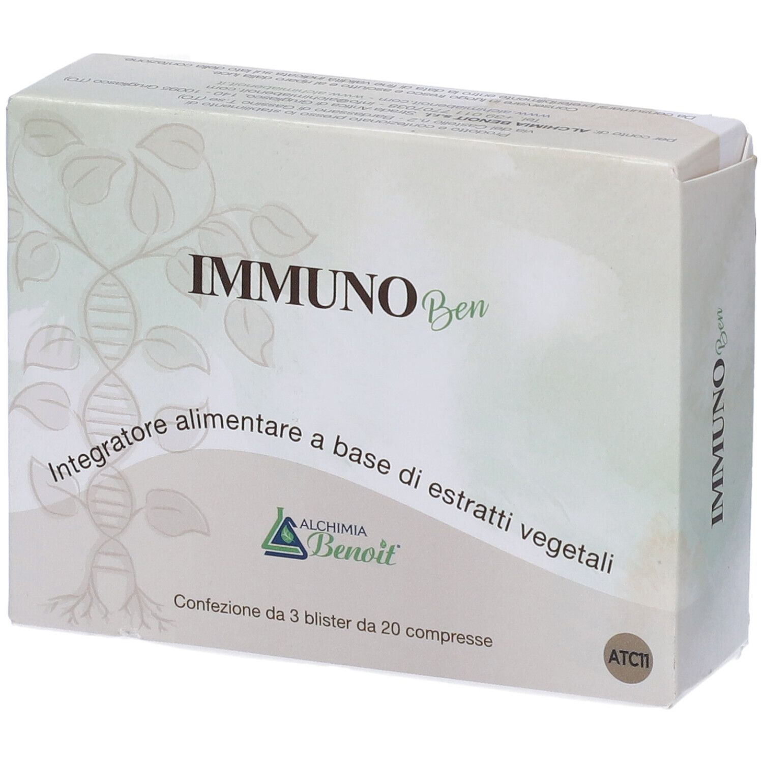 Scatola "IMMUNO Ben". Estratti vegetali. Marca: Alchemia Benoit. 3 blister da 20 compresse.