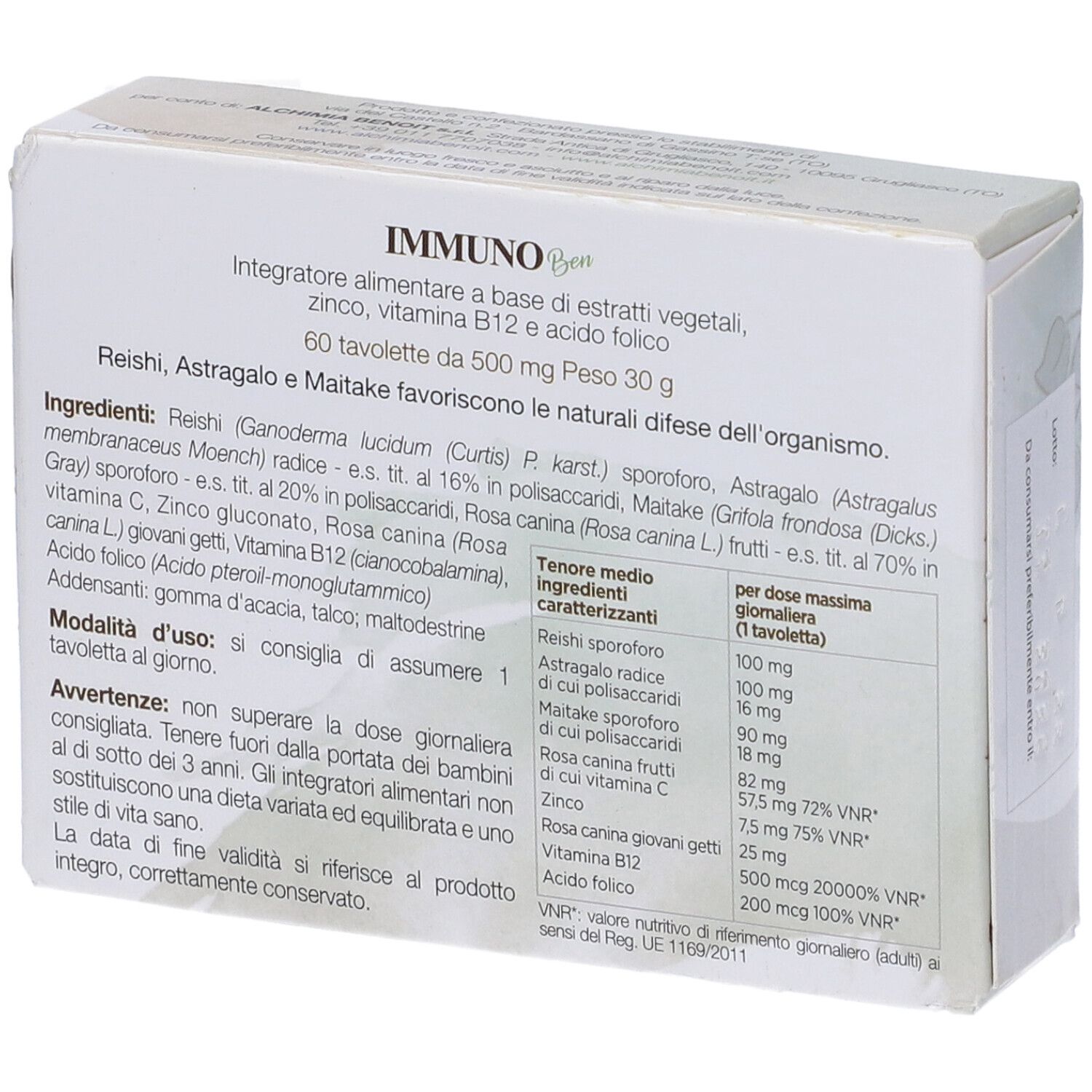 Retro della scatola "IMMUNO Ben". Ingredienti, dosaggio e avvertenze. Marca: Alchemia Benoit.