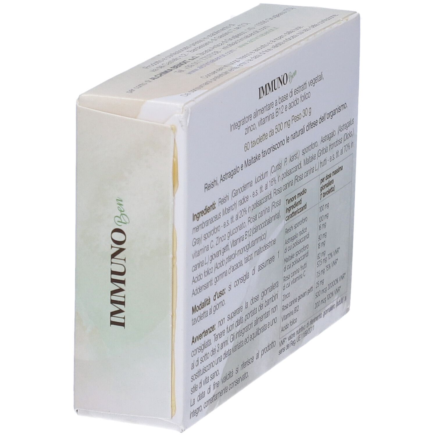 Scatola "IMMUNO Ben" in prospettiva. Testo: Integratore alimentare a base di estratti vegetali. Marca: Alchemia Benoit.