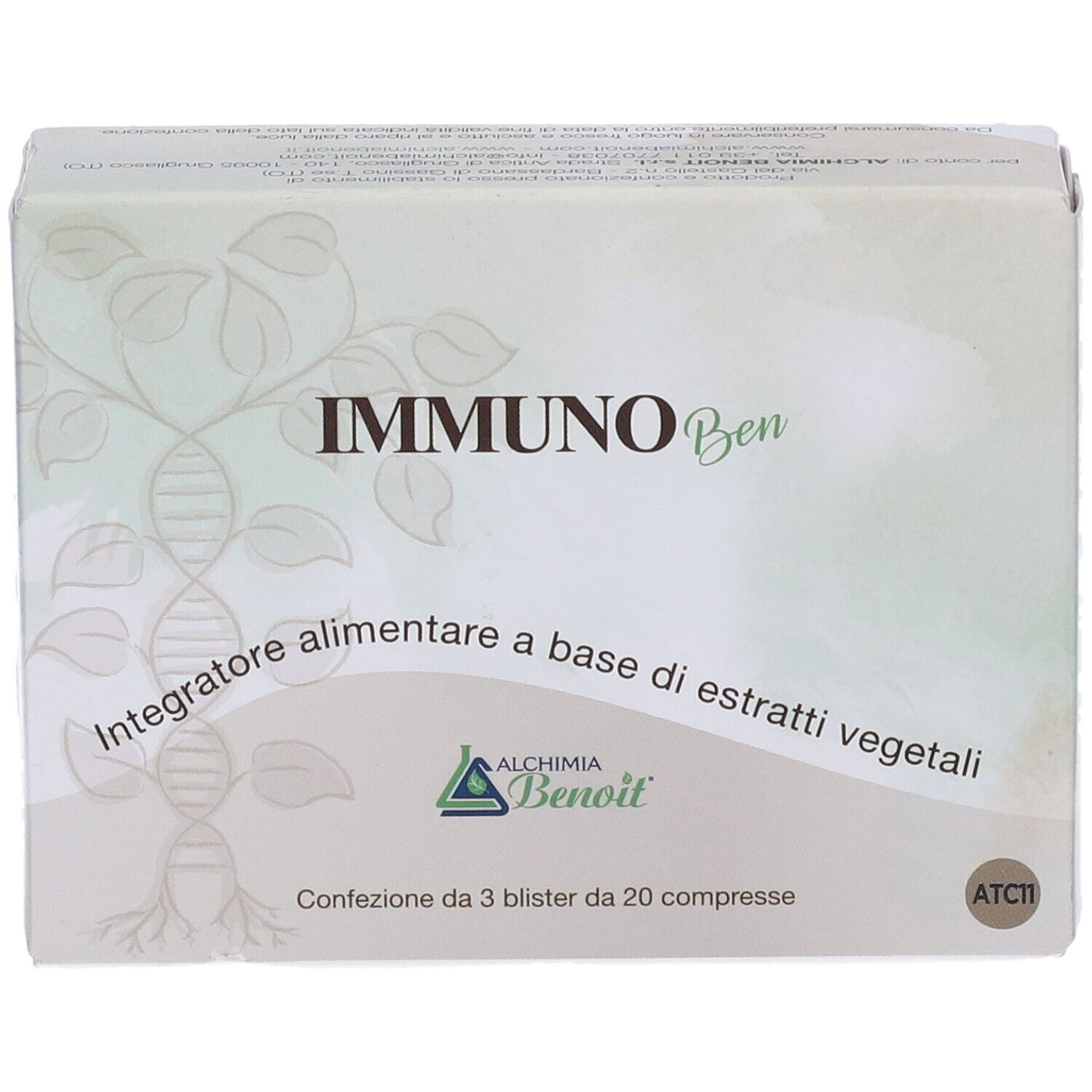 Scatola "IMMUNO Ben". Estratti vegetali. Marca: Alchemia Benoit. 3 blister da 20 compresse.
