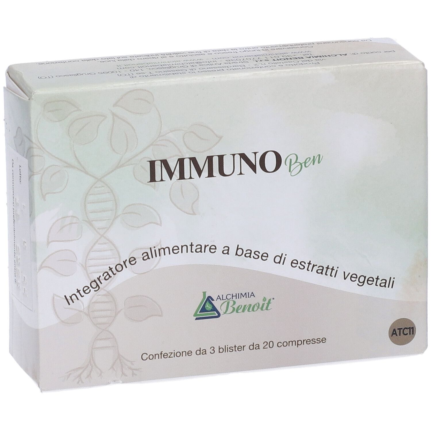 Scatola "IMMUNO Ben". Estratti vegetali. Marca: Alchemia Benoit. 3 blister da 20 compresse.