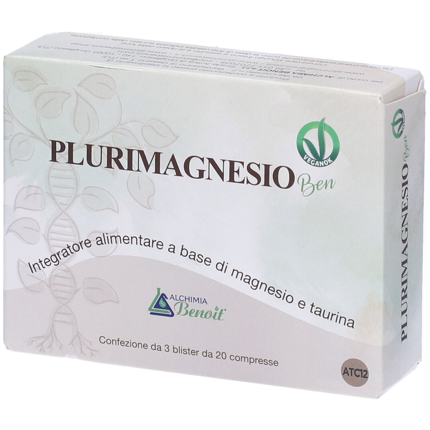 Scatola bianca con scritta PLURIMAGNESIO Ben. Sigillo vegano. Testo: Integratore alimentare a base di magnesio e taurina. 3 blister da 20 compresse.