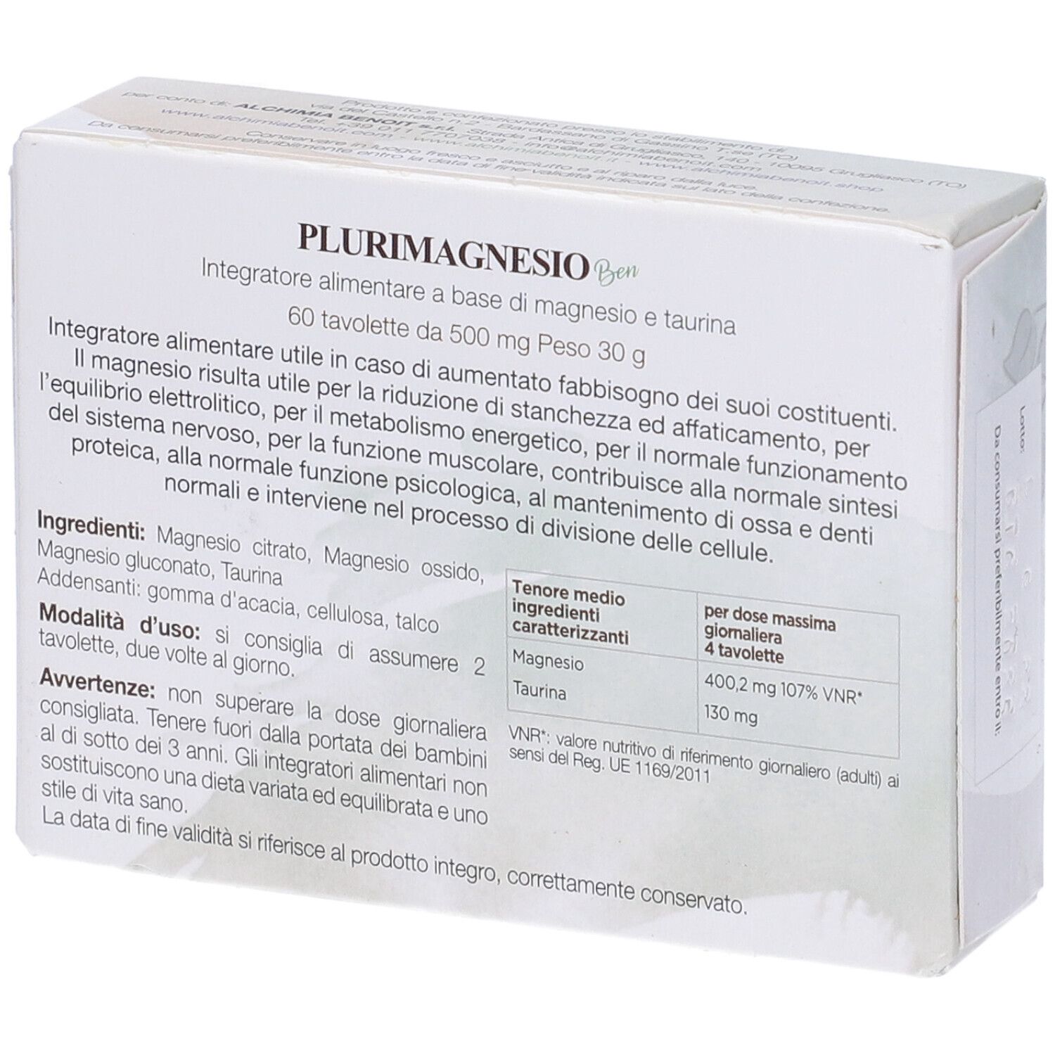 Scatola bianca con testo PLURIMAGNESIO Ben. Testo: Integratore alimentare a base di magnesio e taurina. 60 compresse. Ingredienti e informazioni nutrizionali.