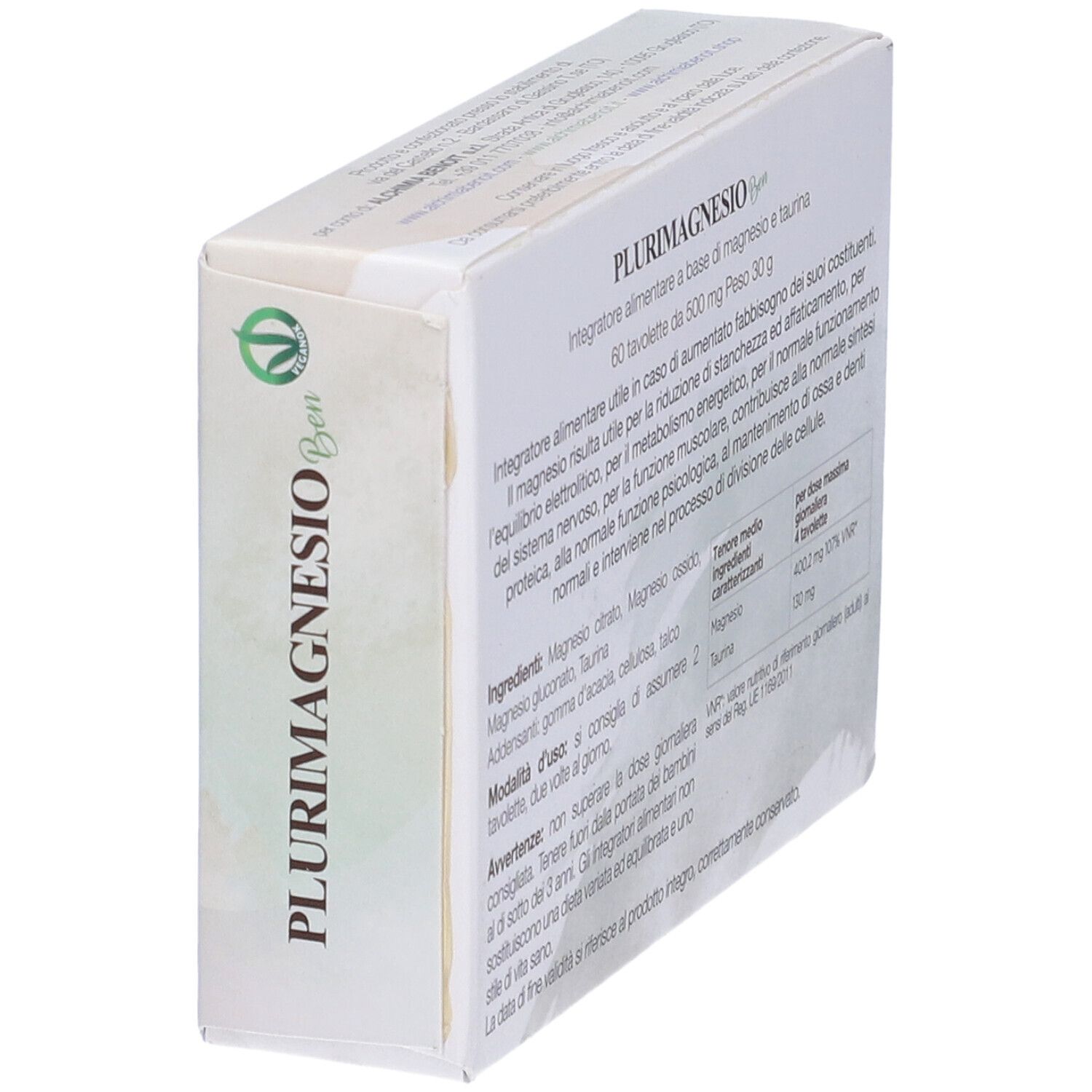 Scatola bianca con testo PLURIMAGNESIO Ben. Testo: Integratore alimentare a base di magnesio e taurina. 60 compresse. Ingredienti e informazioni nutrizionali.