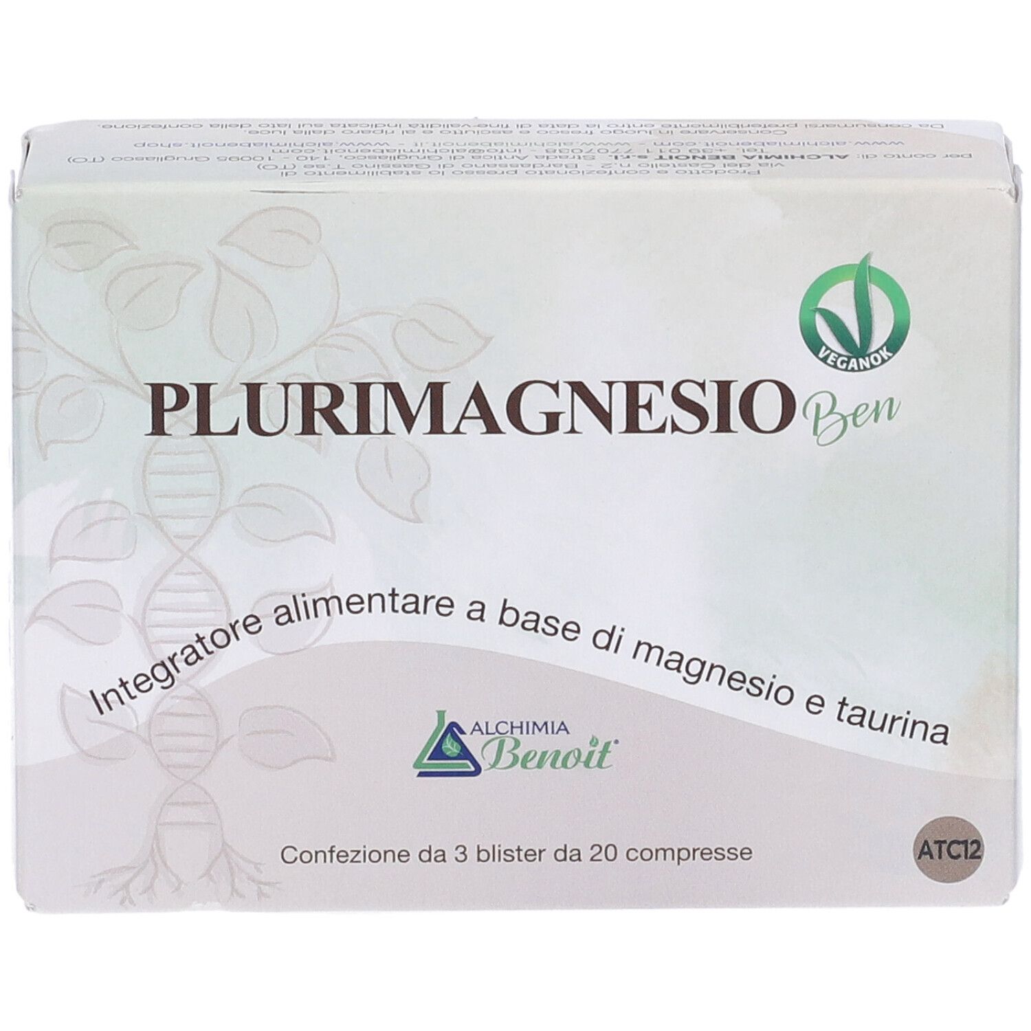 Scatola bianca con scritta PLURIMAGNESIO Ben. Sigillo vegano. Testo: Integratore alimentare a base di magnesio e taurina. 3 blister da 20 compresse.