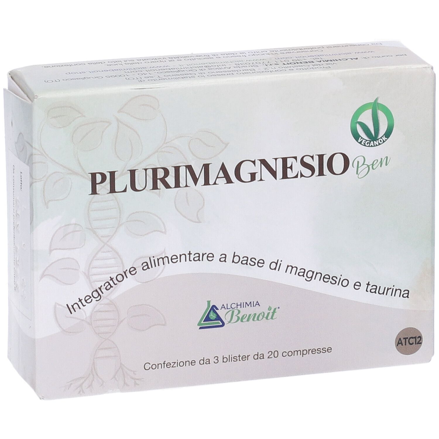 Scatola bianca con scritta PLURIMAGNESIO Ben. Sigillo vegano. Testo: Integratore alimentare a base di magnesio e taurina. 3 blister da 20 compresse.