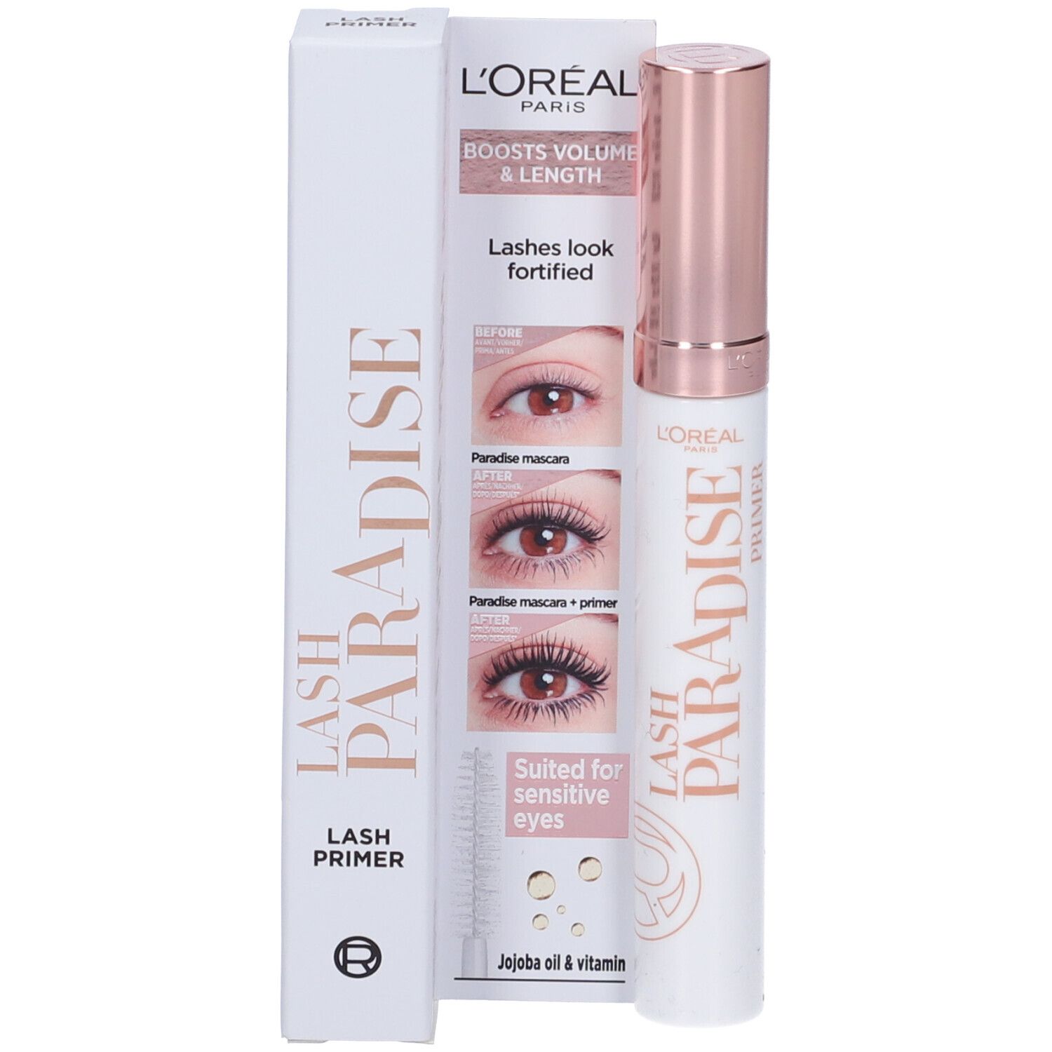 L'Oréal Paris Lash Paradise Wimpernprimer in weißer Verpackung mit roségoldenem Deckel. Text: 'Lash Paradise Lash Primer'.