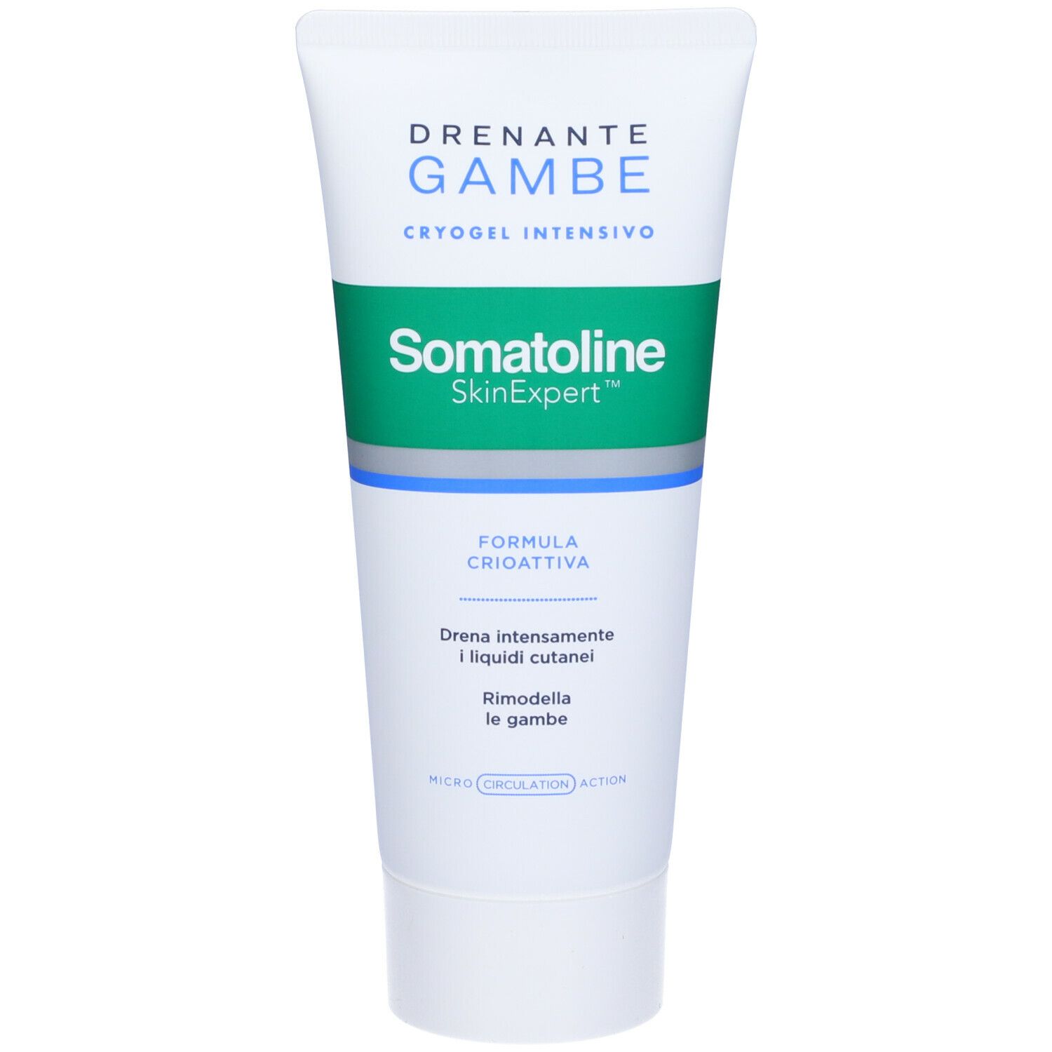 Tube blanc et bleu avec bande verte. Texte: Drenante Gambe, Cryogel Intensivo, Somatoline SkinExpert. Formule Crioattiva.