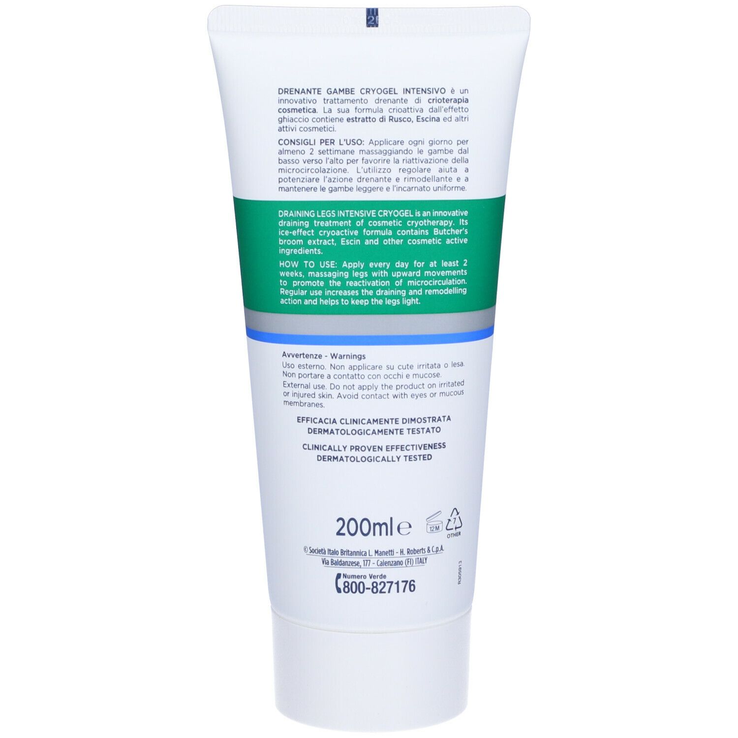 Dos du tube. Texte: Drenante Gambe Cryogel Intensivo. Ingrédients, mode d'emploi, avertissements. 200ml.