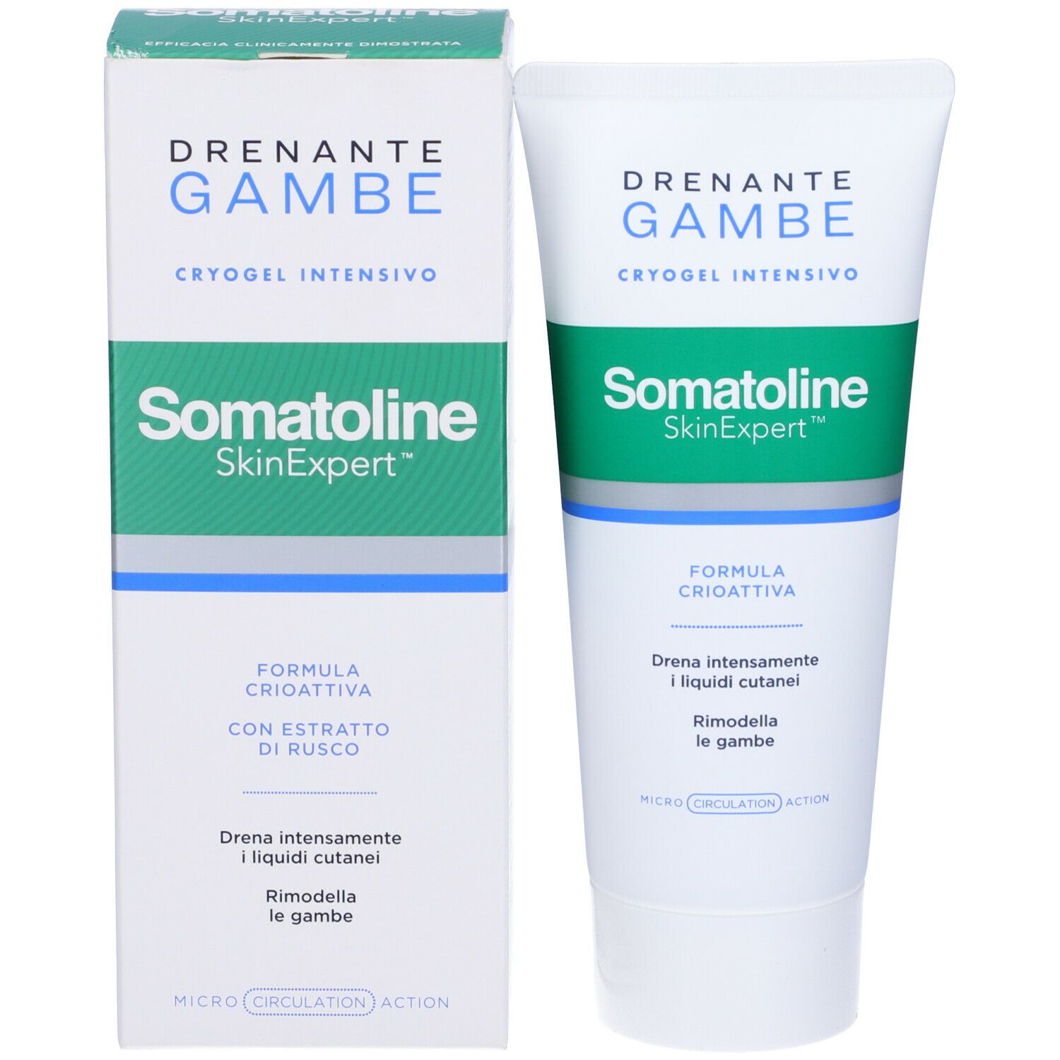 Emballage et tube. Texte: Drenante Gambe, Cryogel Intensivo, Somatoline SkinExpert. Formule Crioattiva. Avec extrait de Ruscus.