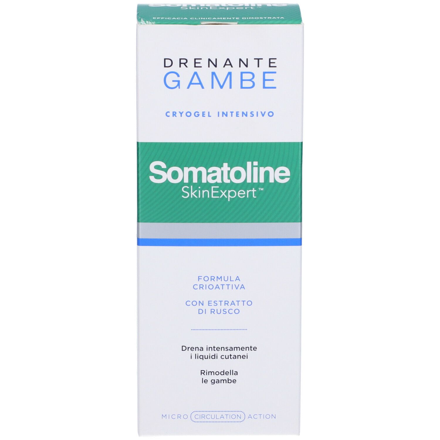 Emballage du produit. Texte: Drenante Gambe, Cryogel Intensivo, Somatoline SkinExpert. Formule Crioattiva. Avec extrait de Ruscus.