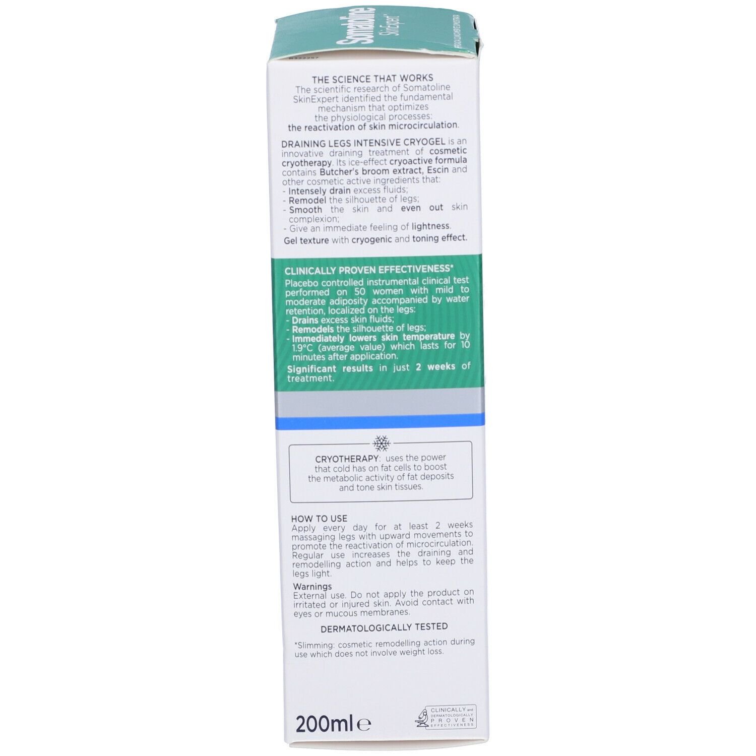 Emballage du produit. Texte: Drenante Gambe, Cryogel Intensivo, Somatoline SkinExpert. Ingrédients, mode d'emploi, avertissements. 200ml.