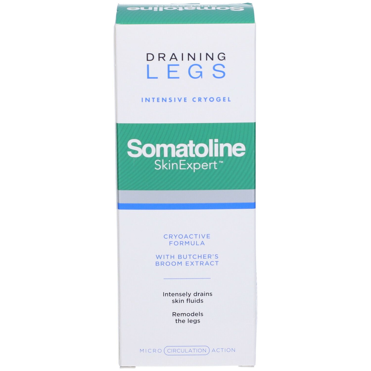 Emballage du produit. Texte: Drenante Gambe, Cryogel Intensif, Somatoline SkinExpert. Avec extrait de Butcher's Broom.