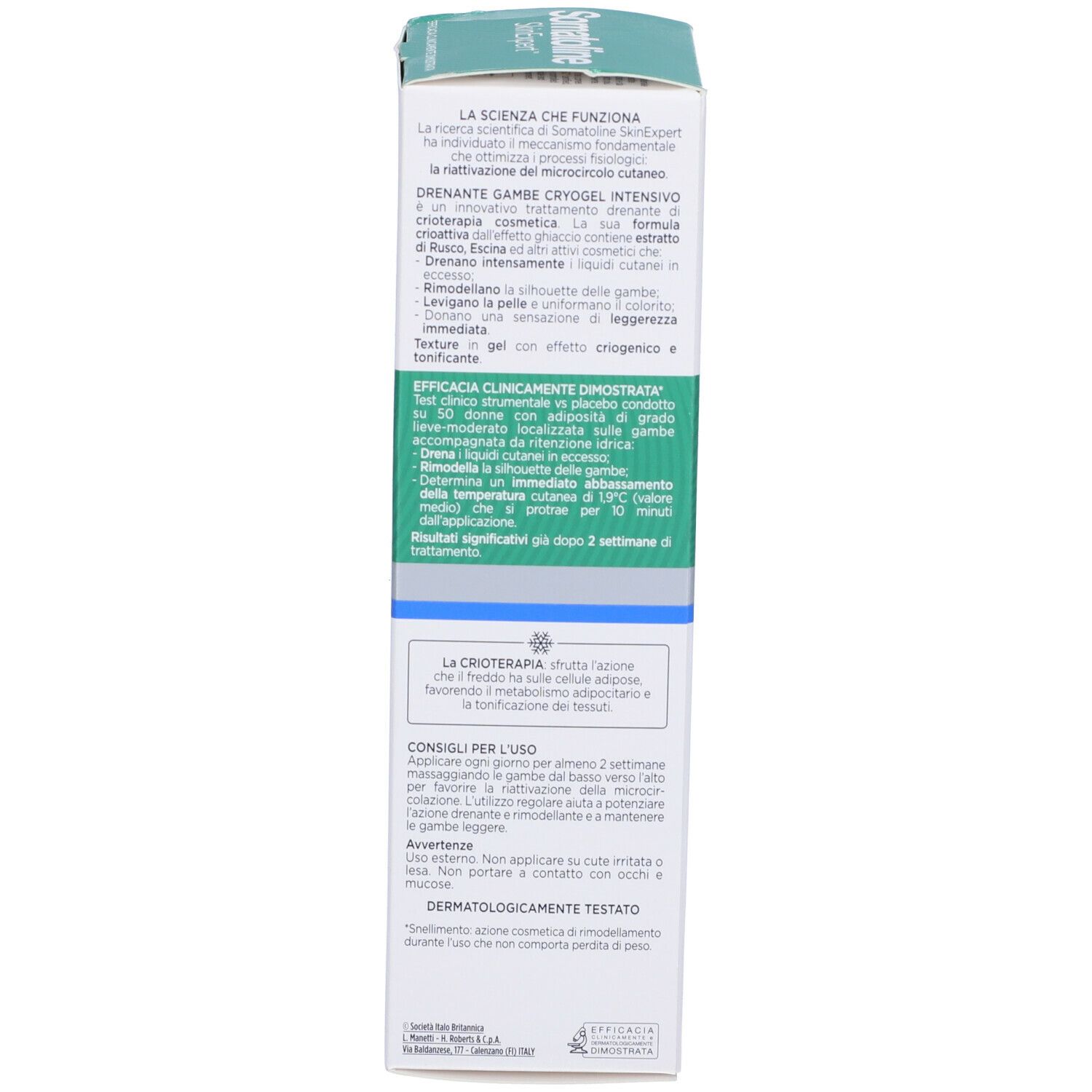 Emballage du produit. Texte: Drenante Gambe, Cryogel Intensif. Ingrédients, mode d'emploi, avertissements. Testé dermatologiquement.