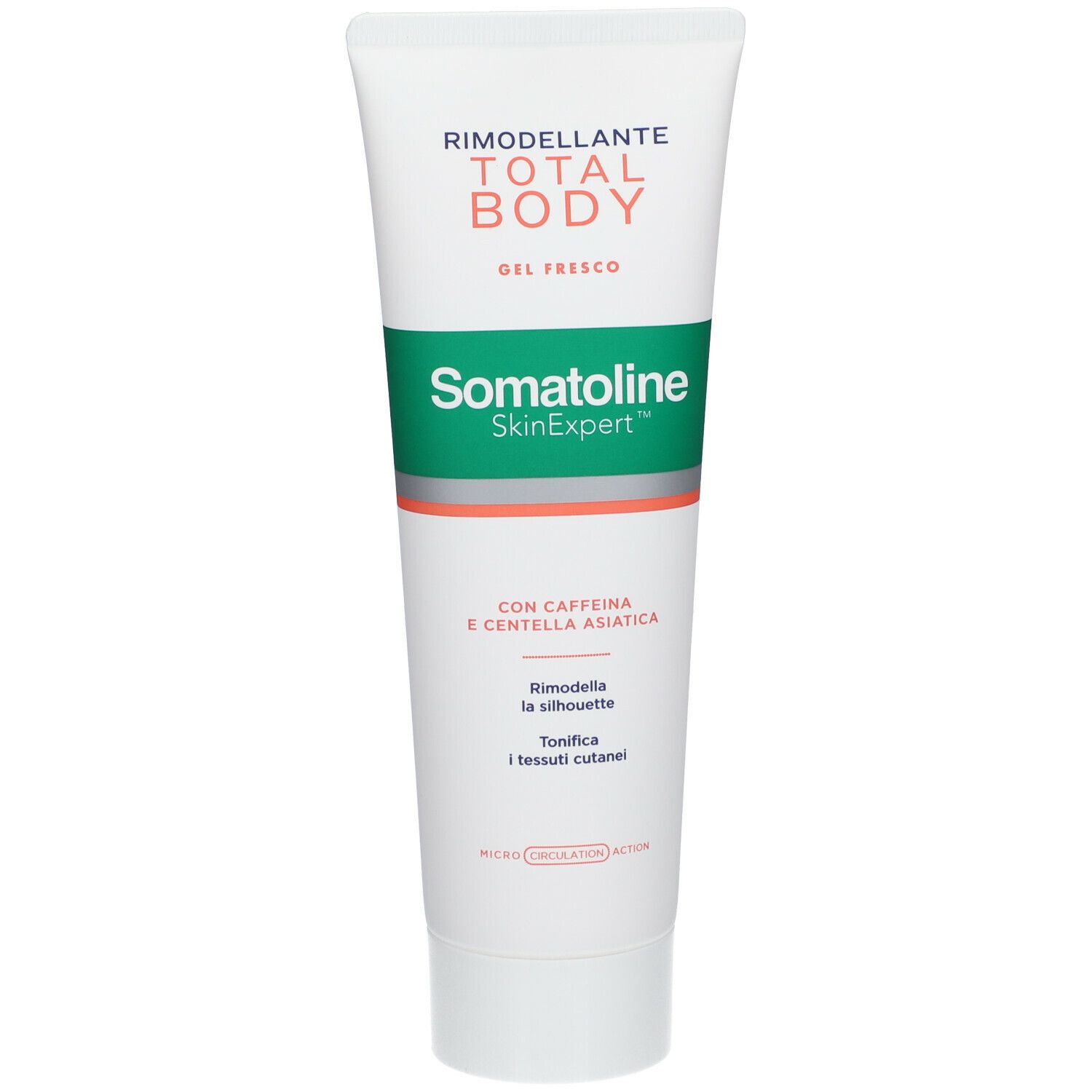 Tubo bianco con fascia verde. Scritta: RIMODELLANTE TOTAL BODY, Somatoline SkinExpert. Contiene caffeina e Centella Asiatica.