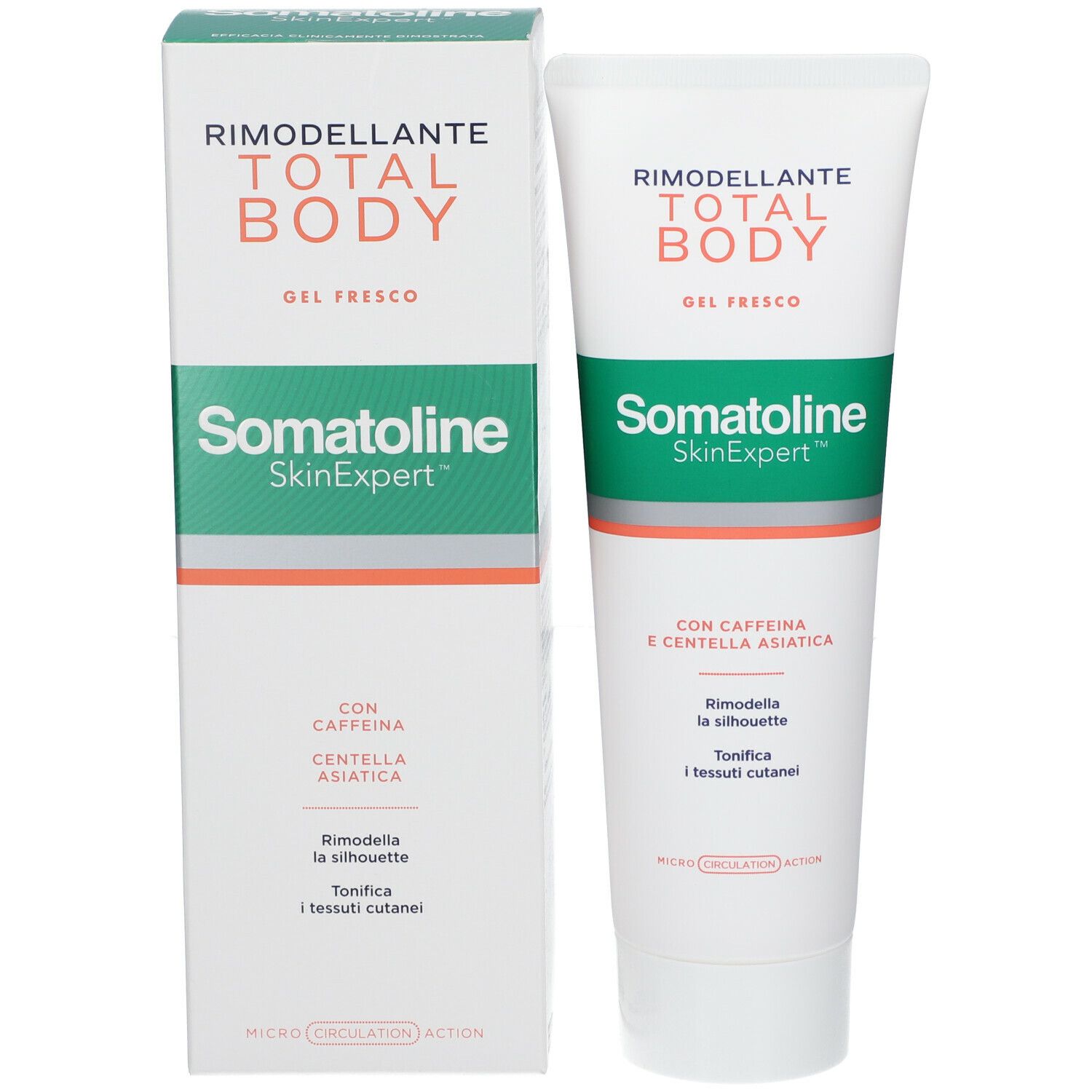 Confezione e tubo. Scritta: RIMODELLANTE TOTAL BODY, Somatoline SkinExpert. Contiene caffeina e Centella Asiatica.