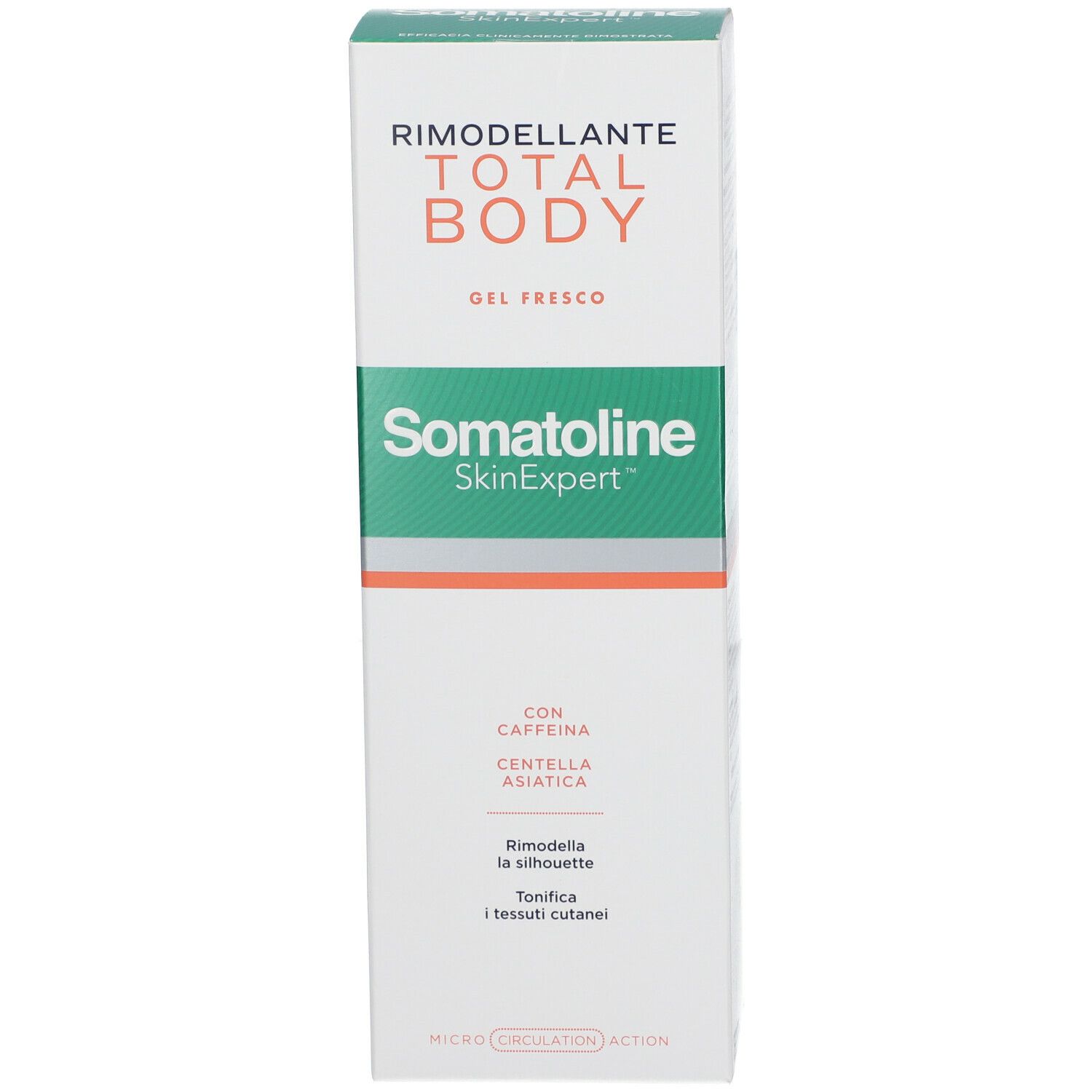 Confezione del prodotto. Scritta: RIMODELLANTE TOTAL BODY, Somatoline SkinExpert. Contiene caffeina e Centella Asiatica.