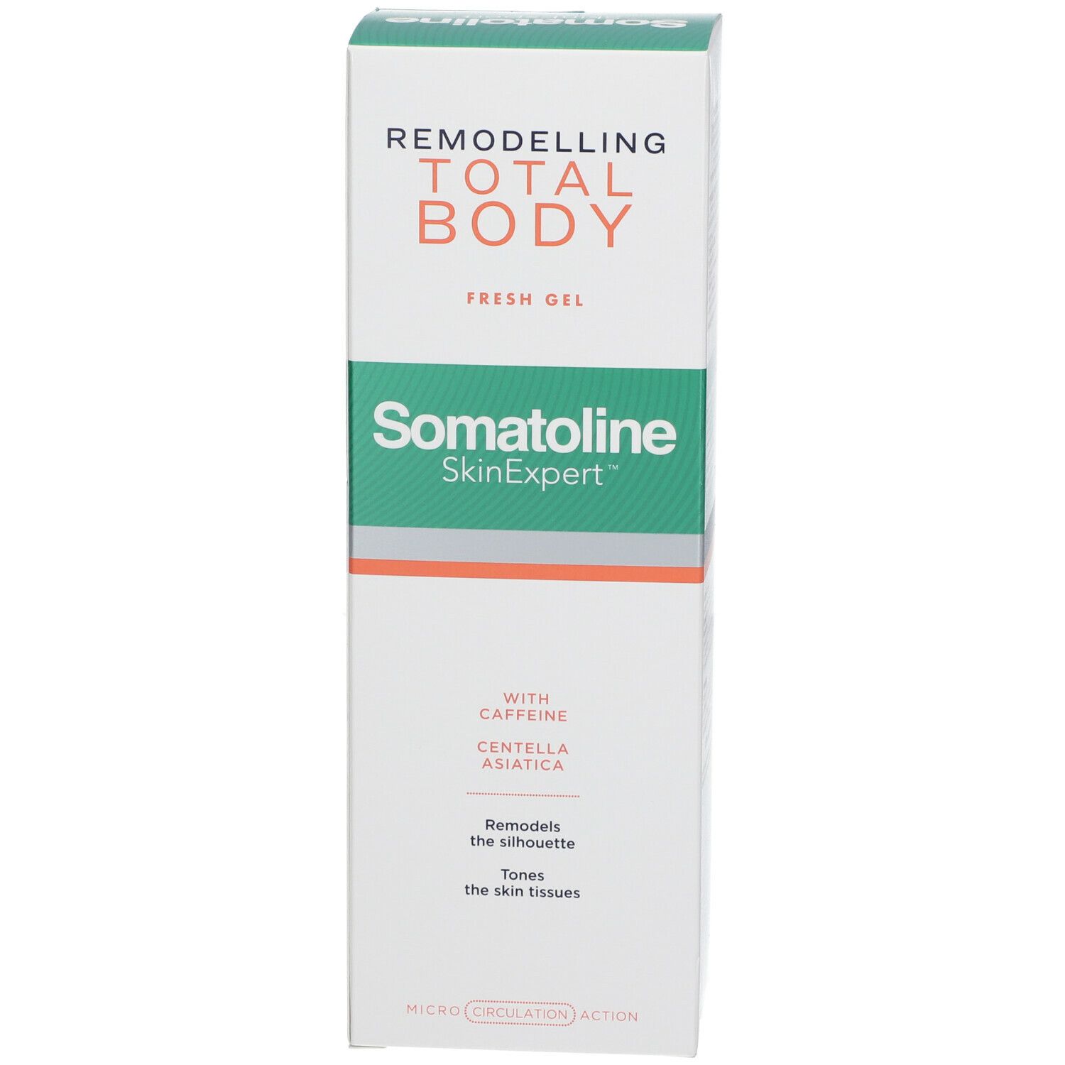 Confezione del prodotto. Scritta: RIMODELLANTE TOTAL BODY, Somatoline SkinExpert. Contiene caffeina e Centella Asiatica.
