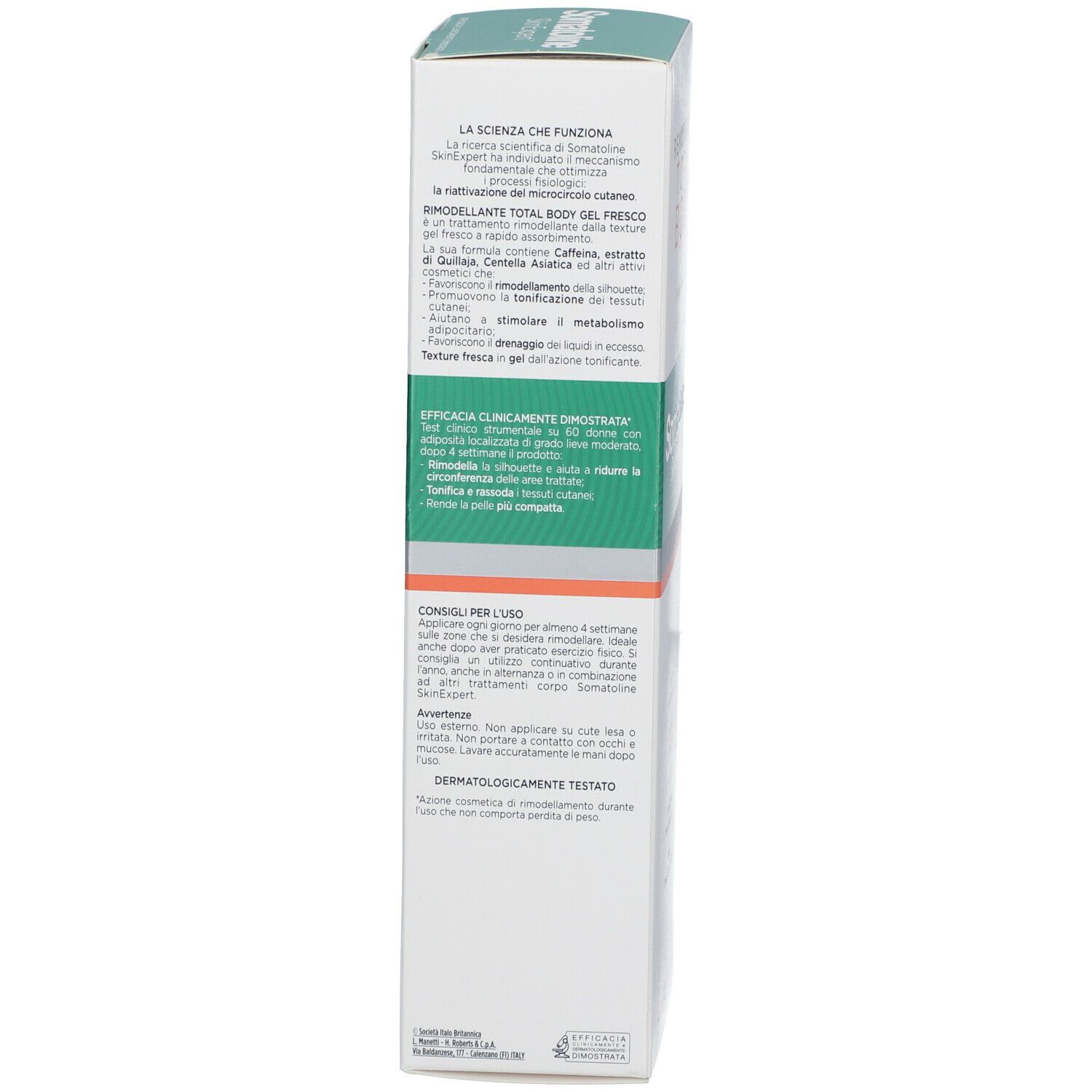 Confezione del prodotto. Scritta: RIMODELLANTE TOTAL BODY, 250ml. Contiene caffeina, Centella Asiatica. Dermatologicamente testato.