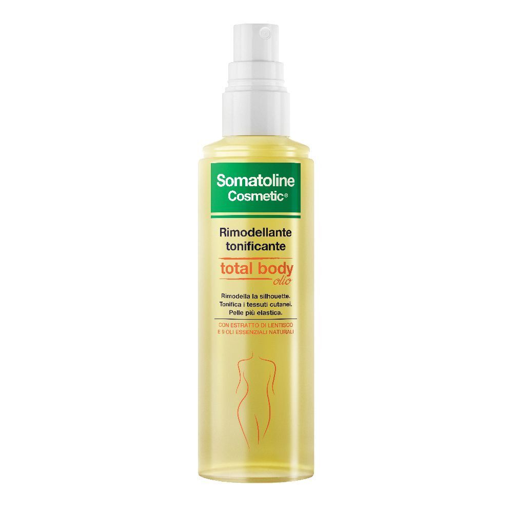 Flacone di olio per il corpo con vaporizzatore. Marchio Somatoline Cosmetic. Scritta: Total Body Öl.