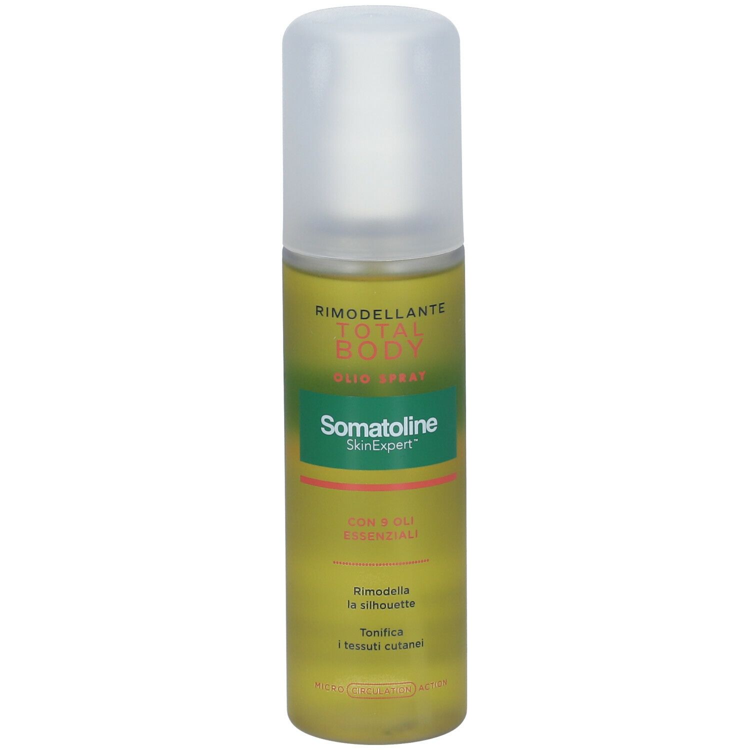 Flacone spray di olio per il corpo con tappo. Marchio Somatoline SkinExpert. Scritta: Total Body Öl.