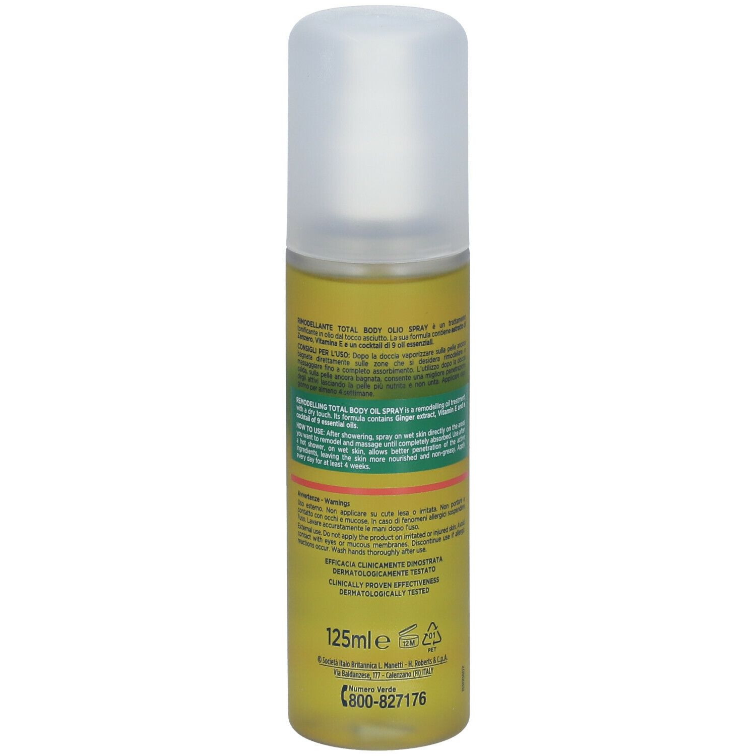 Flacone spray di olio per il corpo con tappo. Marchio Somatoline SkinExpert. Scritta: Total Body Öl.