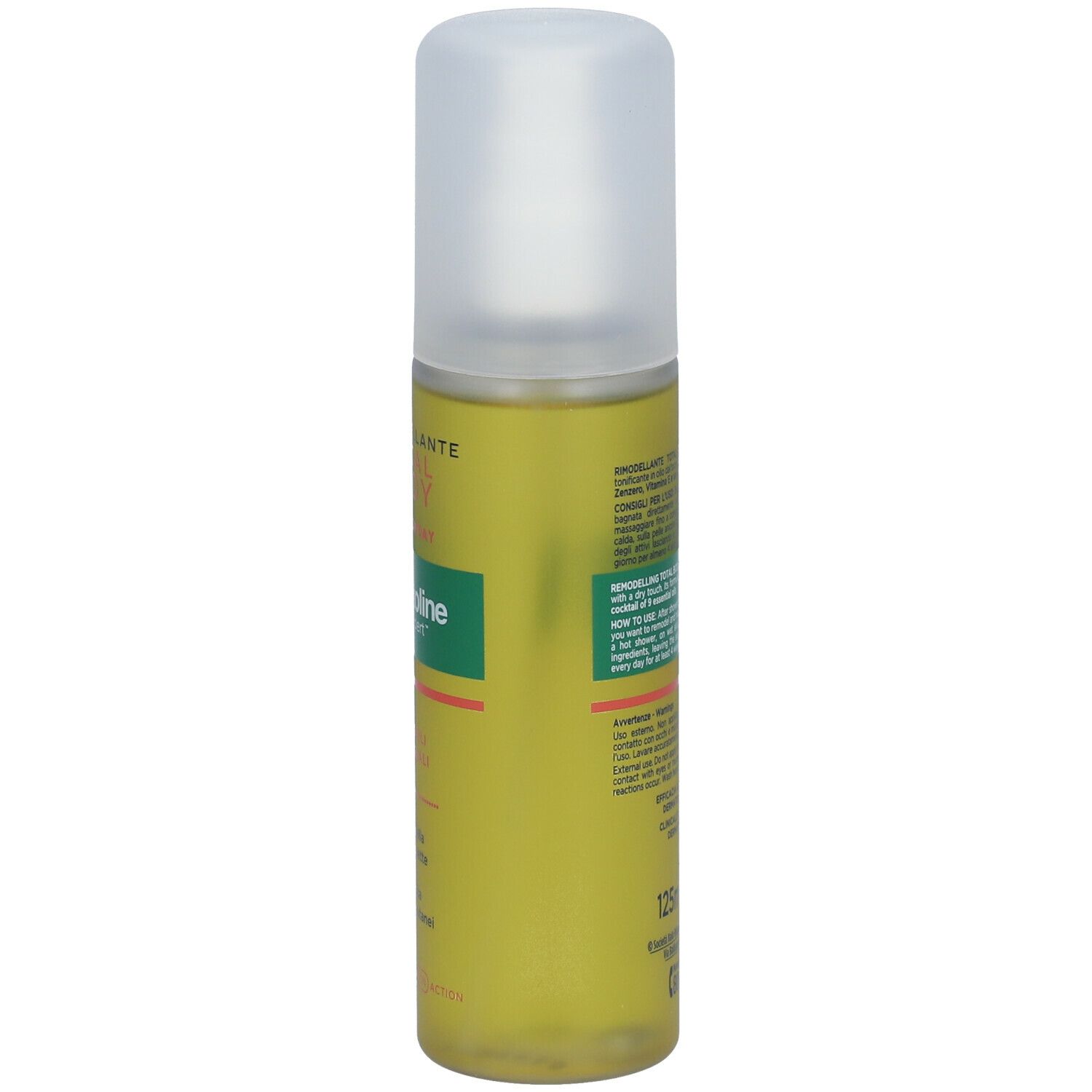Flacone spray di olio per il corpo con tappo. Marchio Somatoline SkinExpert. Scritta: Total Body Öl.