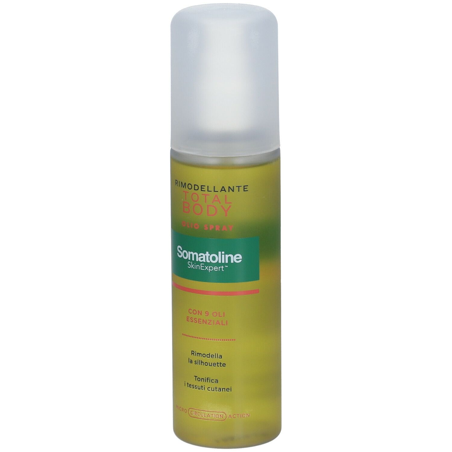 Flacone spray di olio per il corpo con tappo. Marchio Somatoline SkinExpert. Scritta: Total Body Öl.