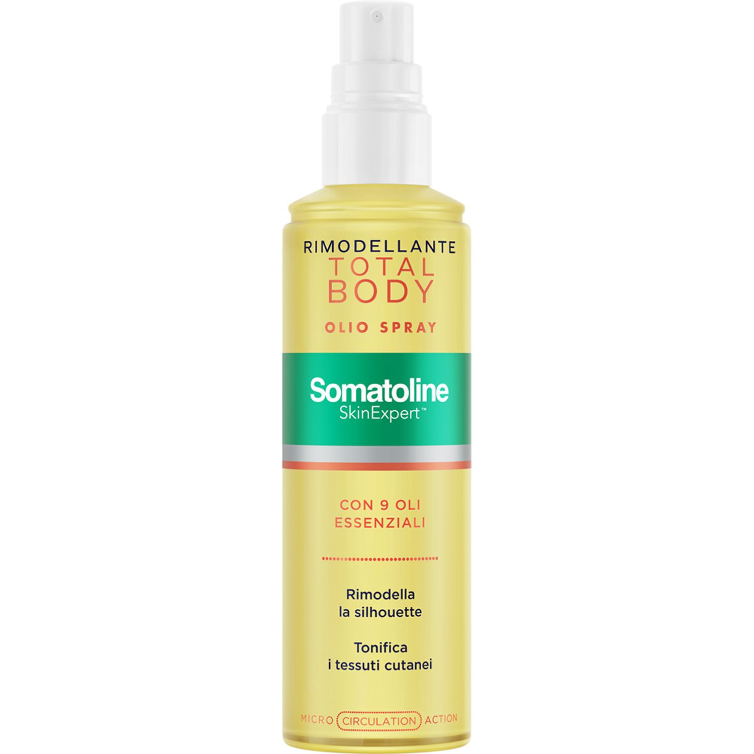 Gelbe Sprühflasche mit weißem Sprühkopf. Aufschrift: Rimodellante Total Body Olio Spray. Enthält 9 Öle.
