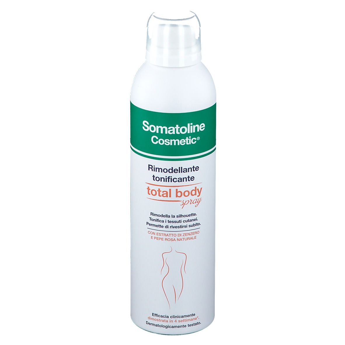 Weiße Sprühflasche mit grünem Etikett. Aufschrift: Somatoline Cosmetic, Total Body Spray. Mit Ingwer und rosa Pfeffer.