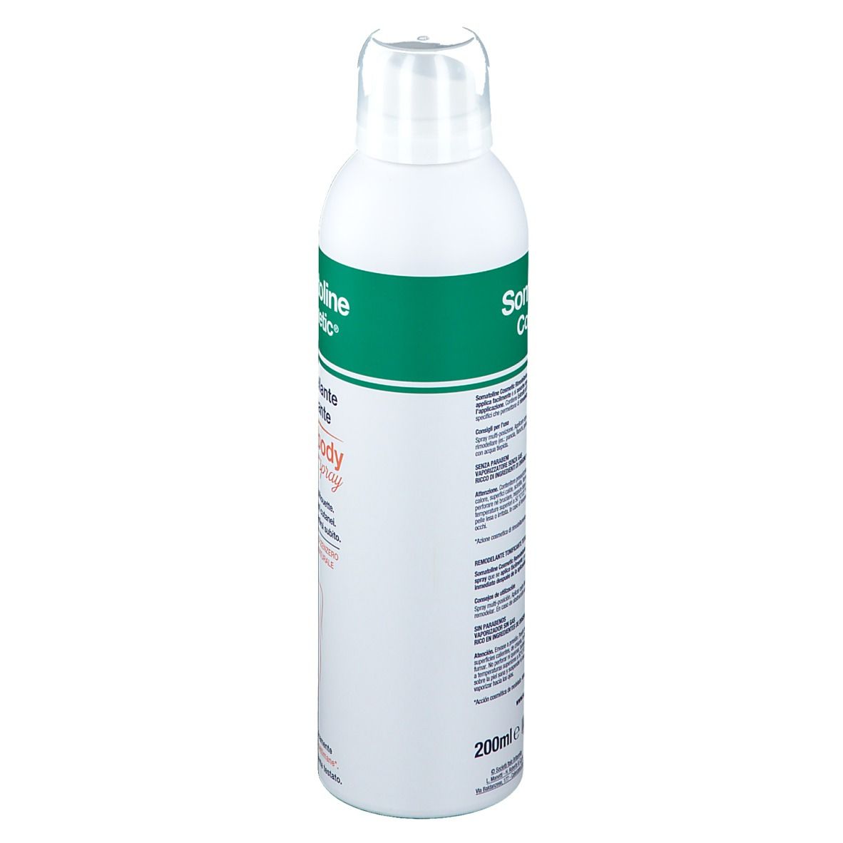 Weiße Sprühflasche mit grünem Etikett. Aufschrift: Somatoline Cosmetic. Rückseite mit Text. 200ml.