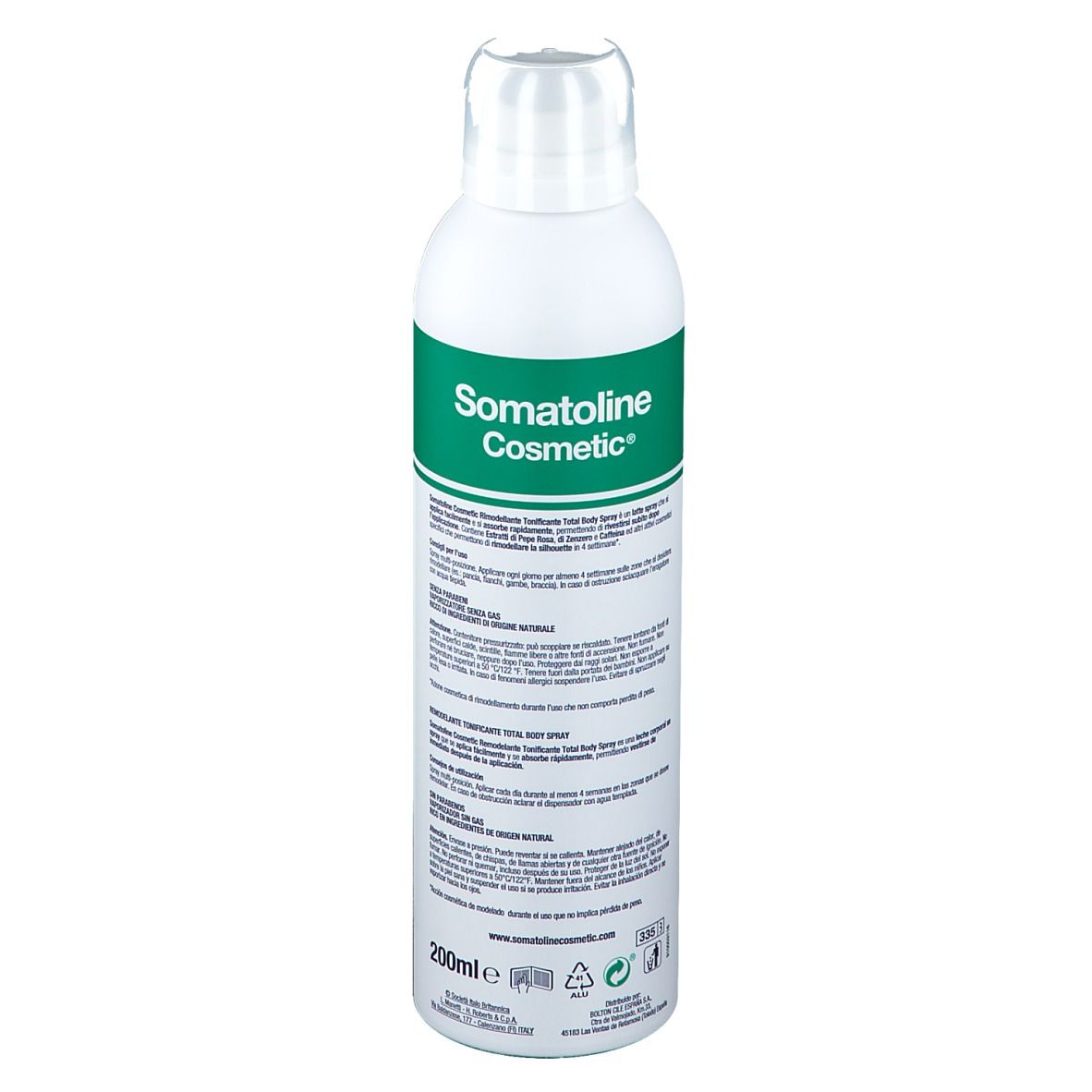 Weiße Sprühflasche mit grünem Etikett. Aufschrift: Somatoline Cosmetic. Rückseite mit Text. 200ml.
