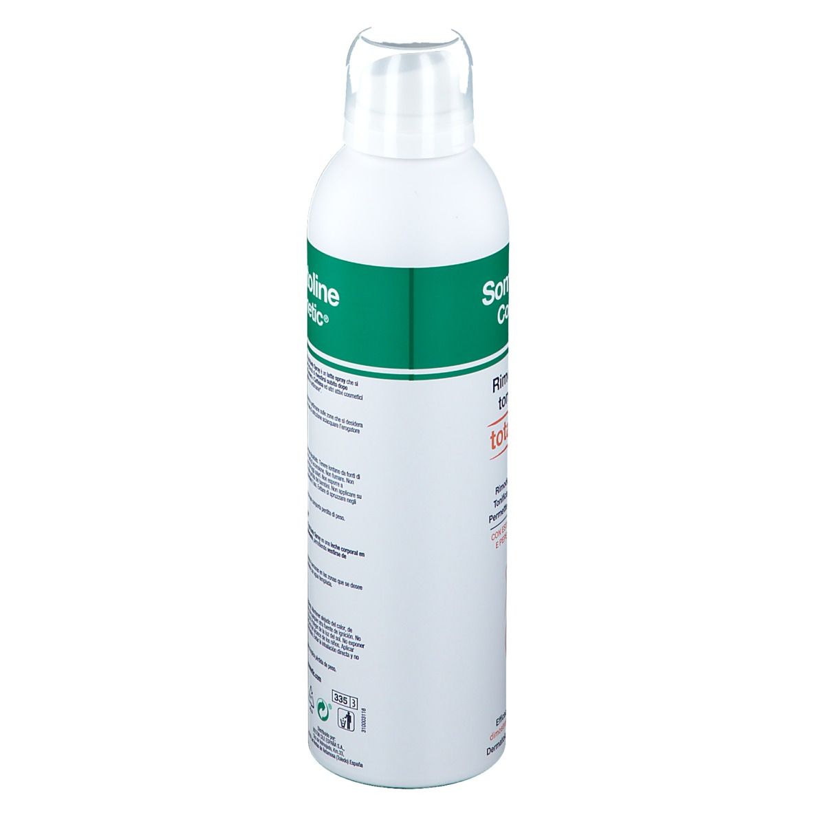 Weiße Sprühflasche mit grünem Etikett. Aufschrift: Somatoline Cosmetic. Rückseite mit Text. 200ml.