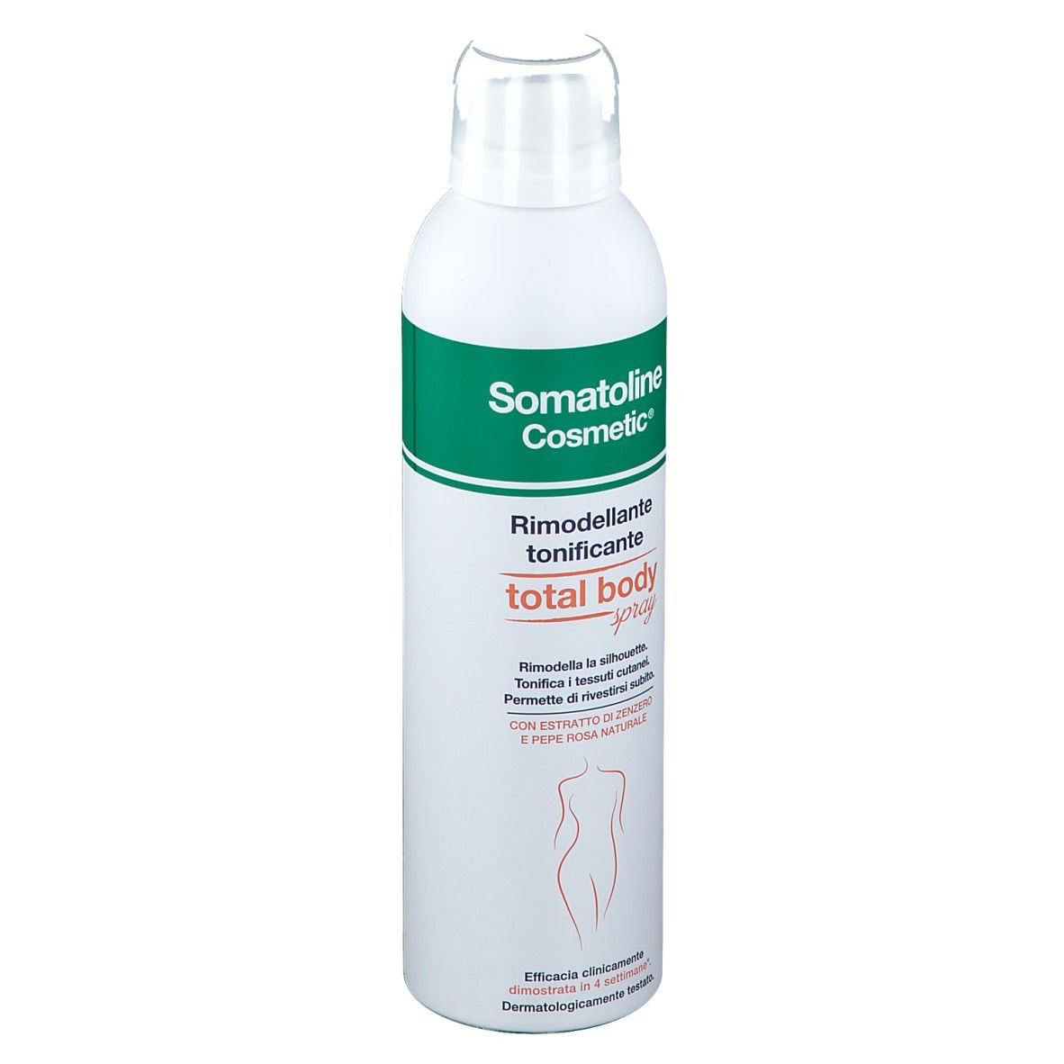 Weiße Sprühflasche mit grünem Etikett. Aufschrift: Somatoline Cosmetic, Total Body Spray. Mit Ingwer und rosa Pfeffer.