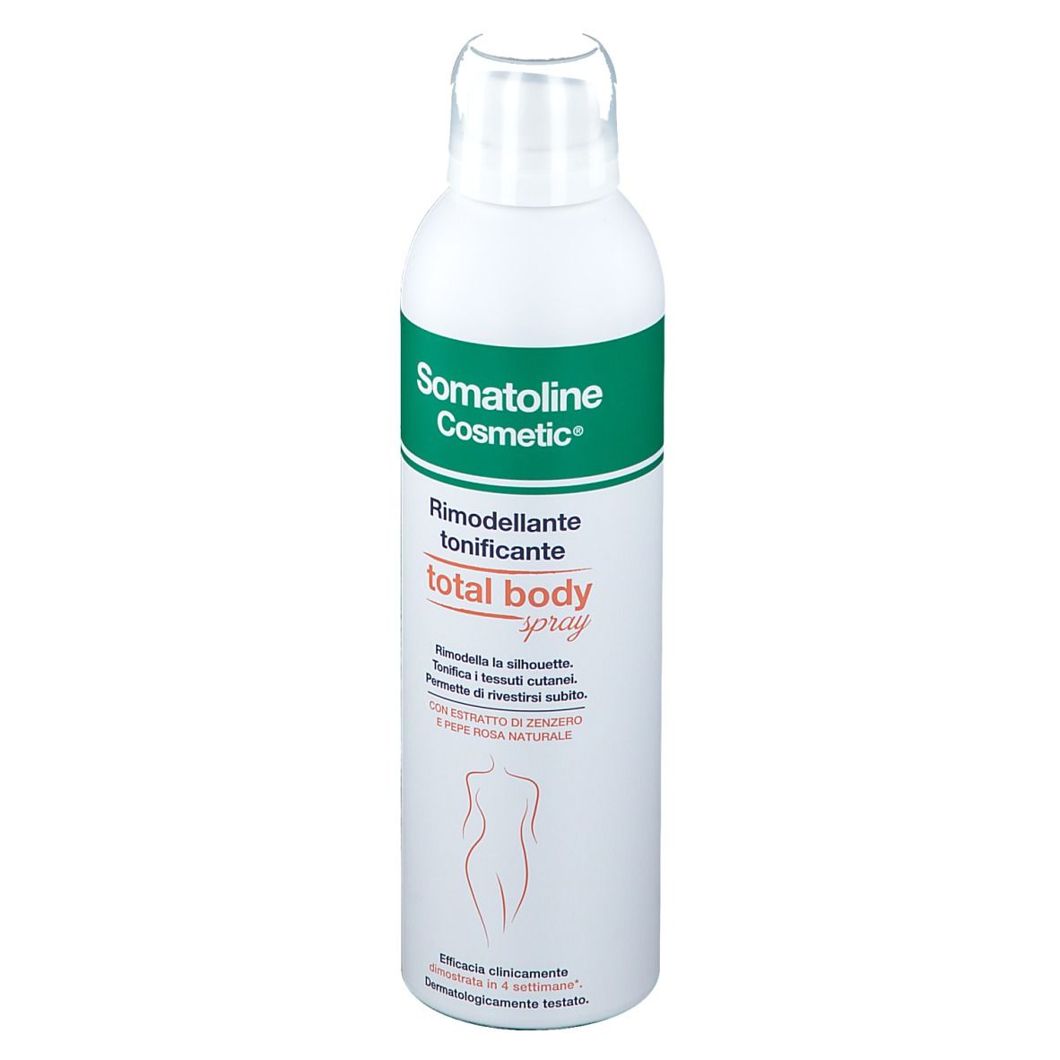 Weiße Sprühflasche mit grünem Etikett. Aufschrift: Somatoline Cosmetic, Total Body Spray. Mit Ingwer und rosa Pfeffer.