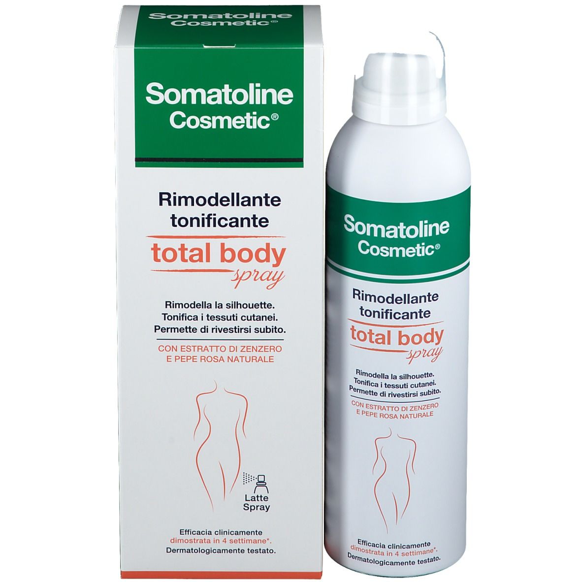 Produkt und Verpackung. Weiße Sprühflasche und Karton. Aufschrift: Somatoline Cosmetic, Total Body Spray.