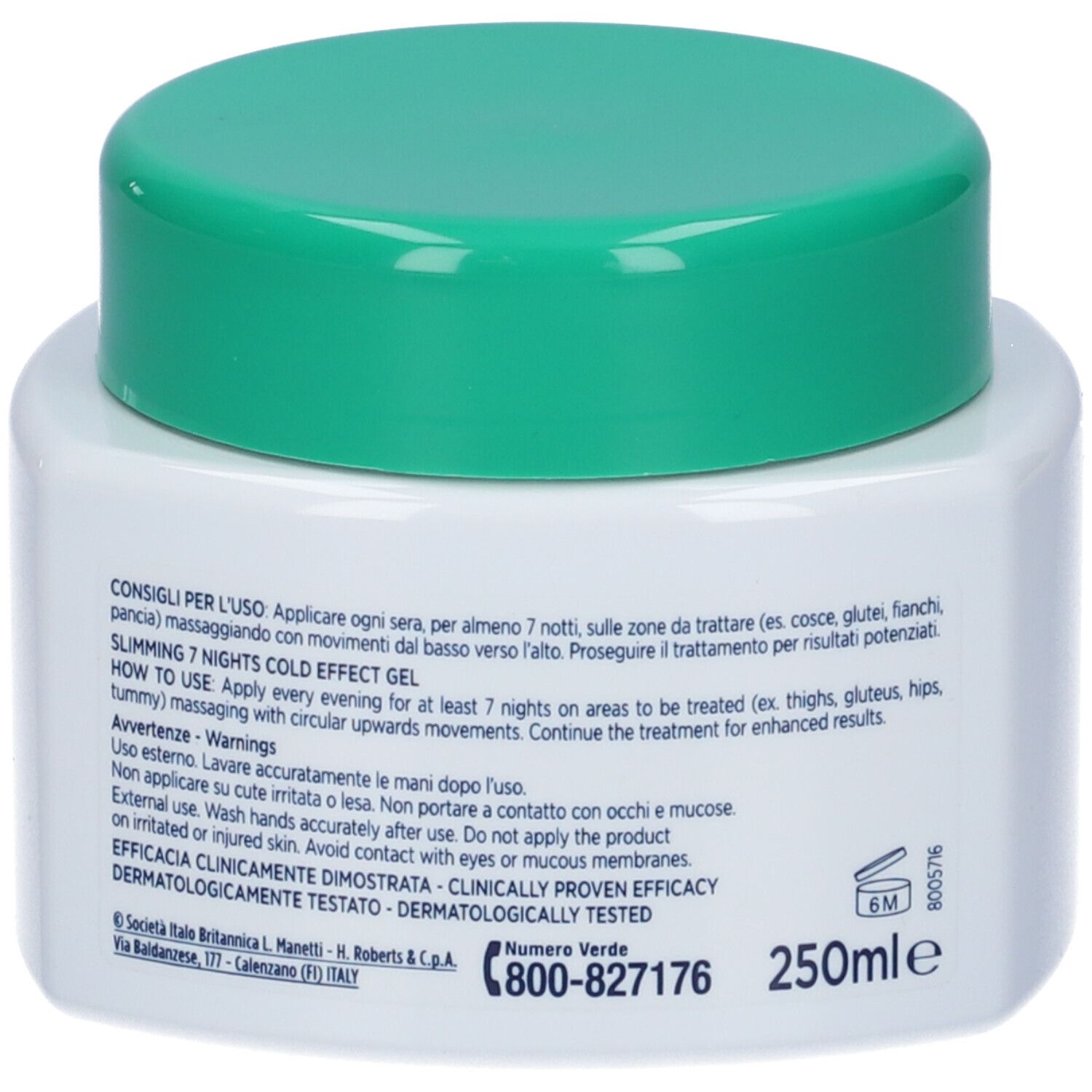 Retro del vasetto bianco con coperchio verde. Testo: Istruzioni per l'uso, ingredienti, avvertenze, 250ml.