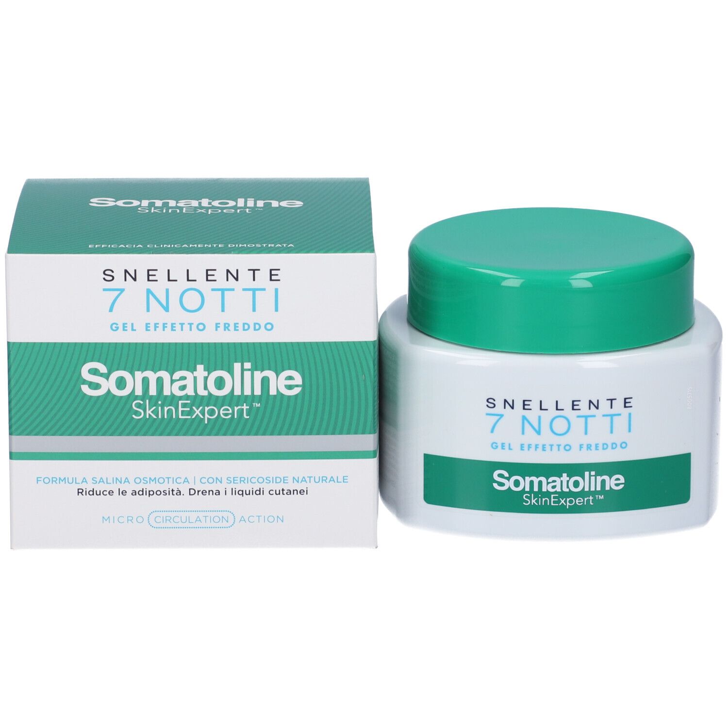 Confezione e vasetto. Confezione: bianca/verde, scritta: SNELLENTE 7 NOTTI, Somatoline SkinExpert. Vasetto: bianco/verde.
