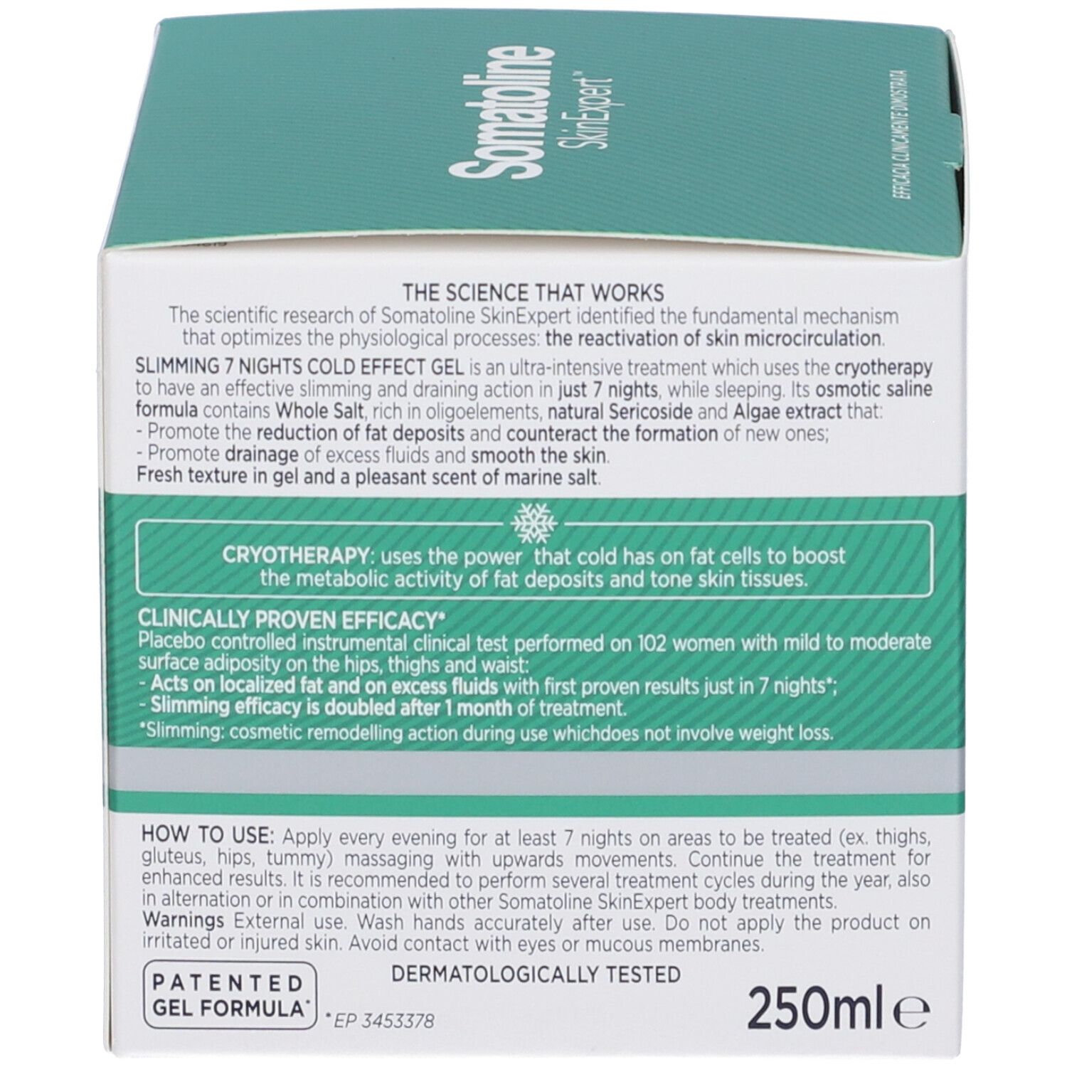 Retro della confezione del prodotto. Testo: Come funziona, clinicamente testato, 250ml, brevetto.