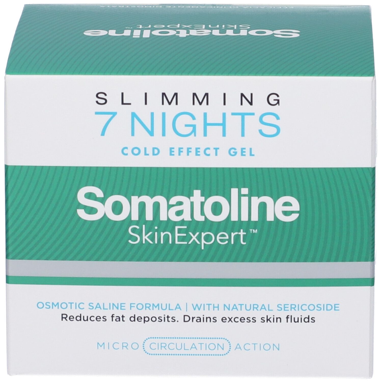 Confezione del prodotto. Bianco/verde, scritta: SLIMMING 7 NIGHTS COLD EFFECT GEL, Somatoline SkinExpert. Testo: Formula, effetto.