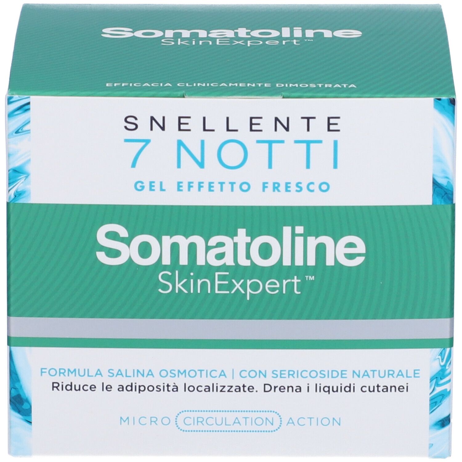 Confezione del prodotto. Bianco/verde, scritta: SNELLENTE 7 NOTTI GEL EFFETTO FRESCO, Somatoline SkinExpert. Testo: Formula, effetto.