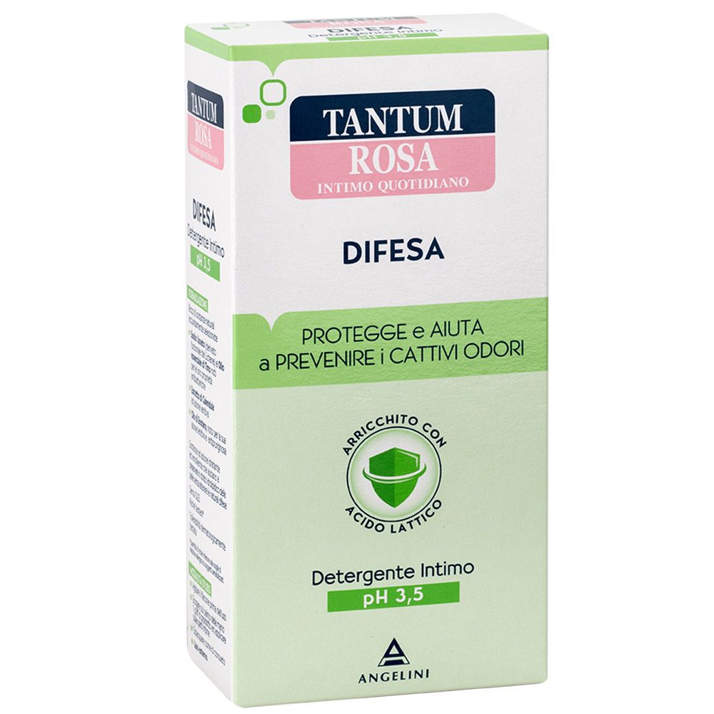 TANTUM ROSA, Intimwaschlotion, Verpackung. Weiß, rosa und grün. Text: DIFESA, pH 3,5, schützt vor Gerüchen. Mit Milchsäure.