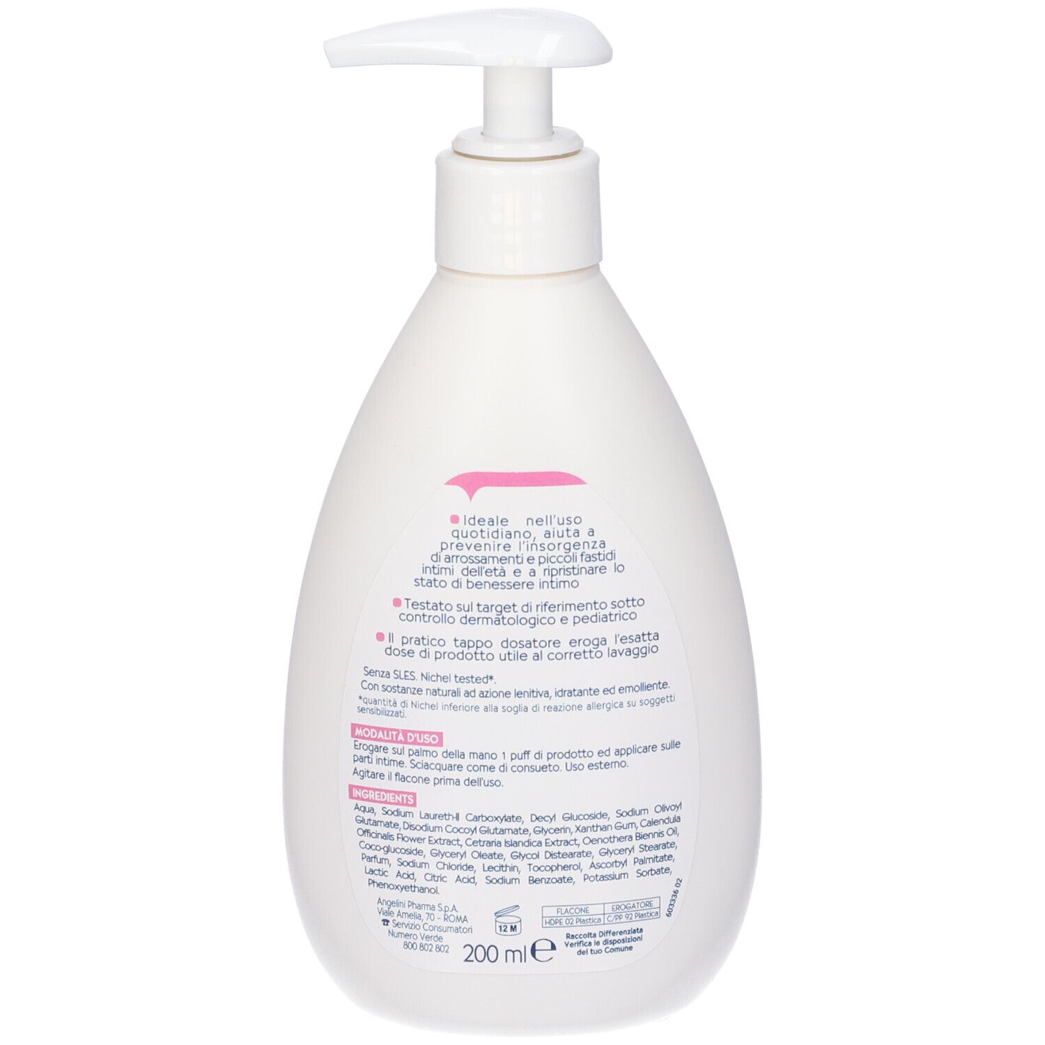 Rückseite der weißen Flasche. Textinformationen. Inhaltsstoffe und Anwendungshinweise. 200 ml.