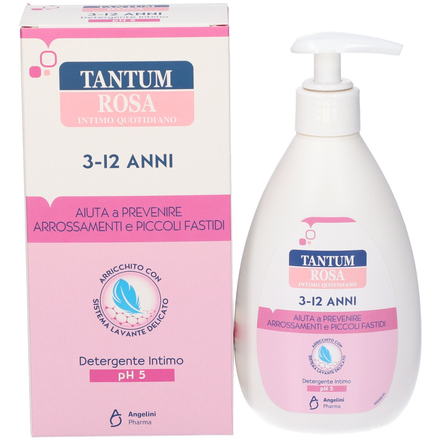 Produktflasche und Verpackung. Aufschrift Tantum Rosa, 3-12 Jahre. Rosa Etikett mit Text. pH 5.