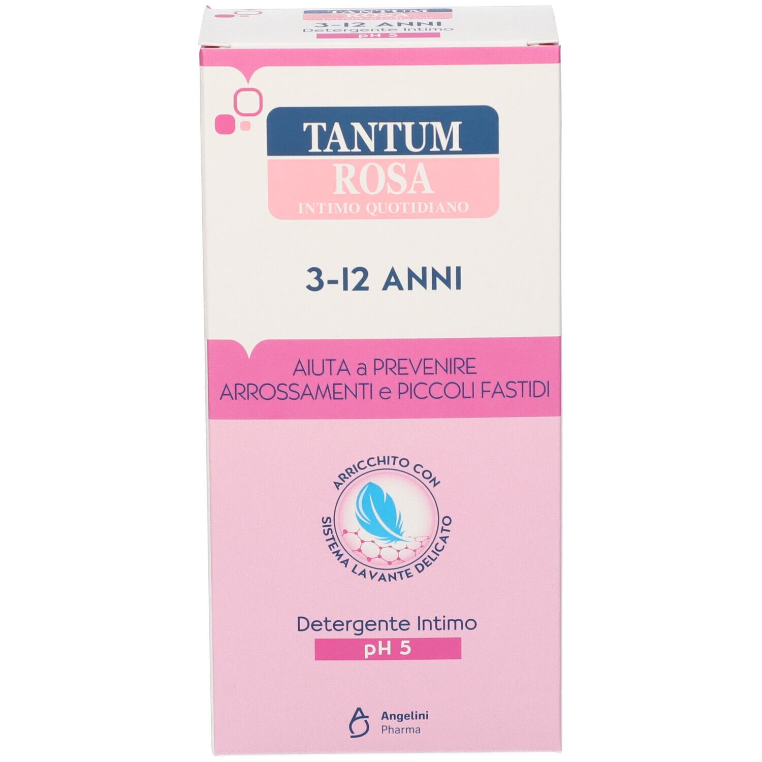 Produktverpackung. Aufschrift Tantum Rosa, 3-12 Jahre. Rosa Etikett mit Text. pH 5.