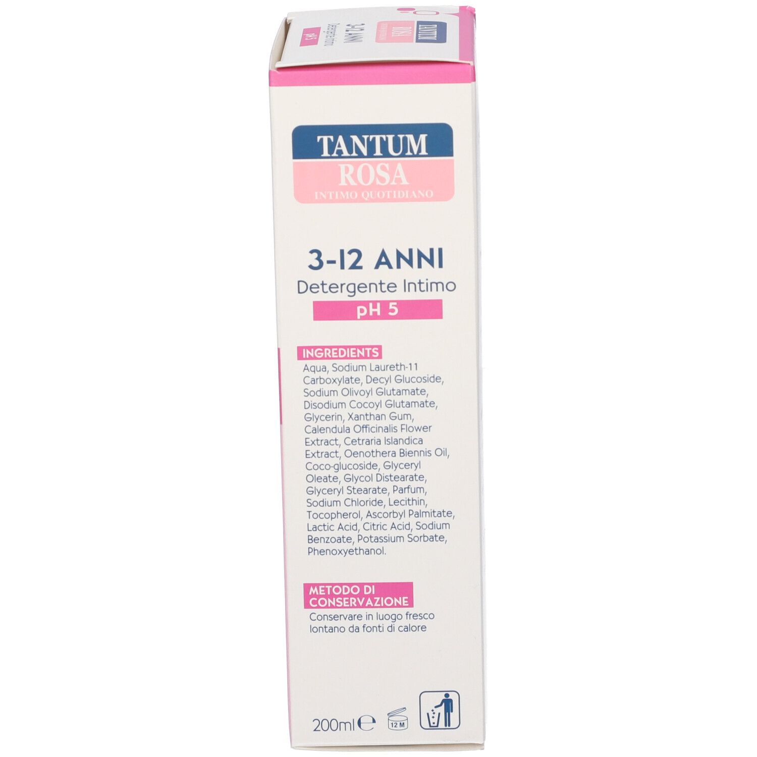 Produktverpackung. Aufschrift Tantum Rosa, 3-12 Jahre. Inhaltsstoffe. 200ml.