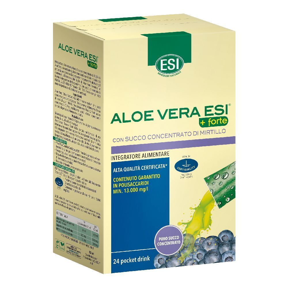 Scatola del prodotto. Contiene Aloe Vera ESI + Forte con concentrato di mirtillo. 24 Pocket Drinks.